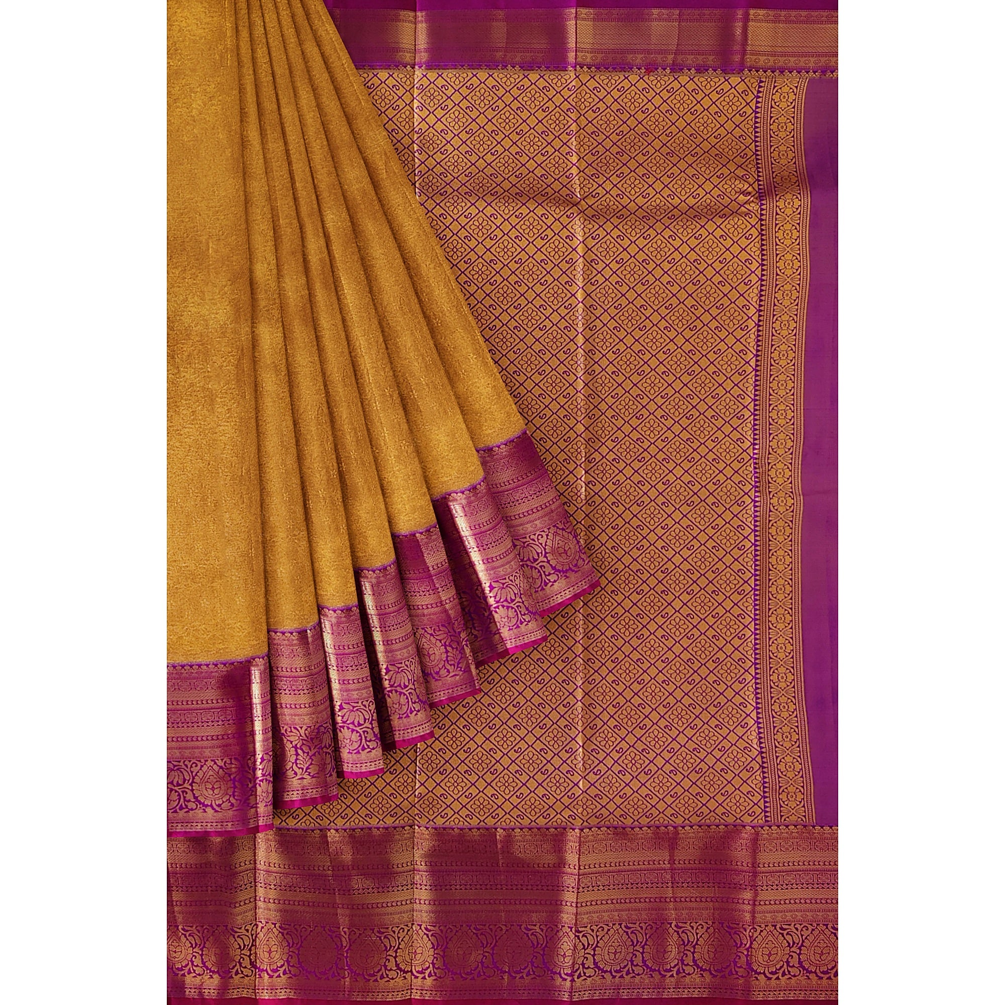 Gold Saree with Magenta Pink Border – Affordable Wedding Elegance