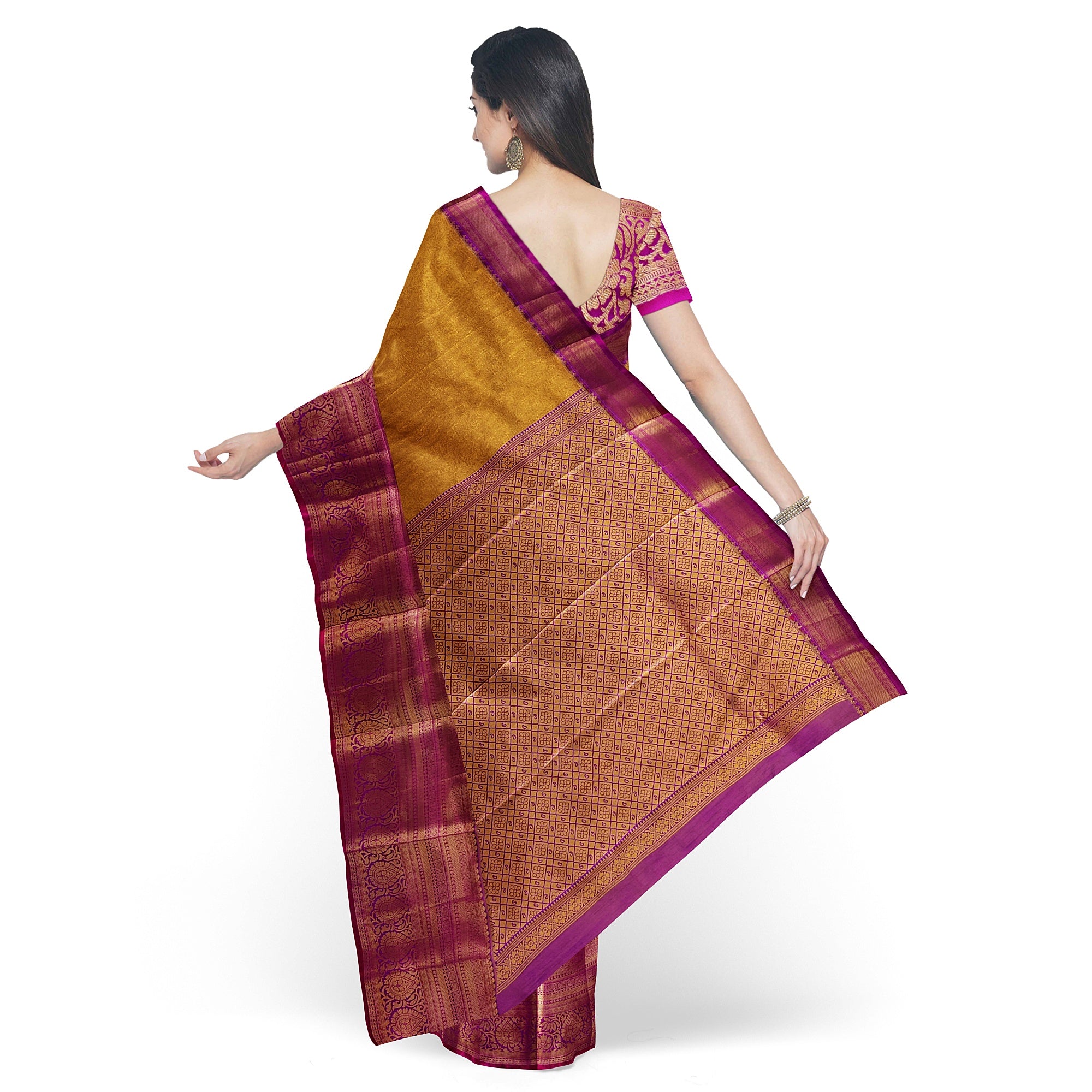 Gold Saree with Magenta Pink Border – Affordable Wedding Elegance