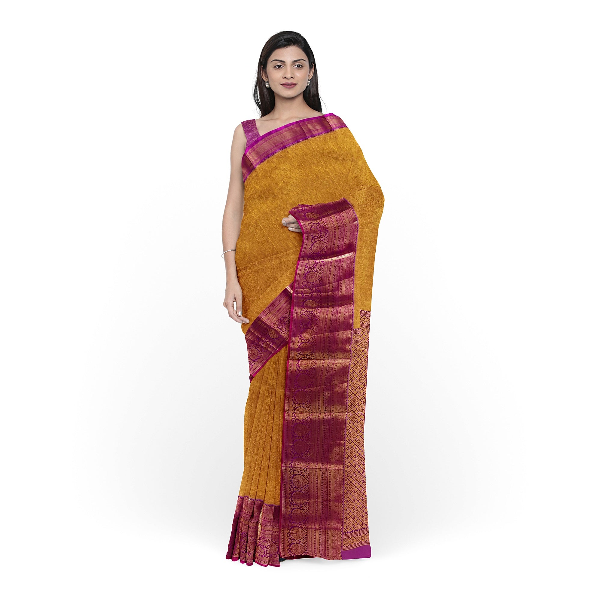 Gold Saree with Magenta Pink Border – Affordable Wedding Elegance