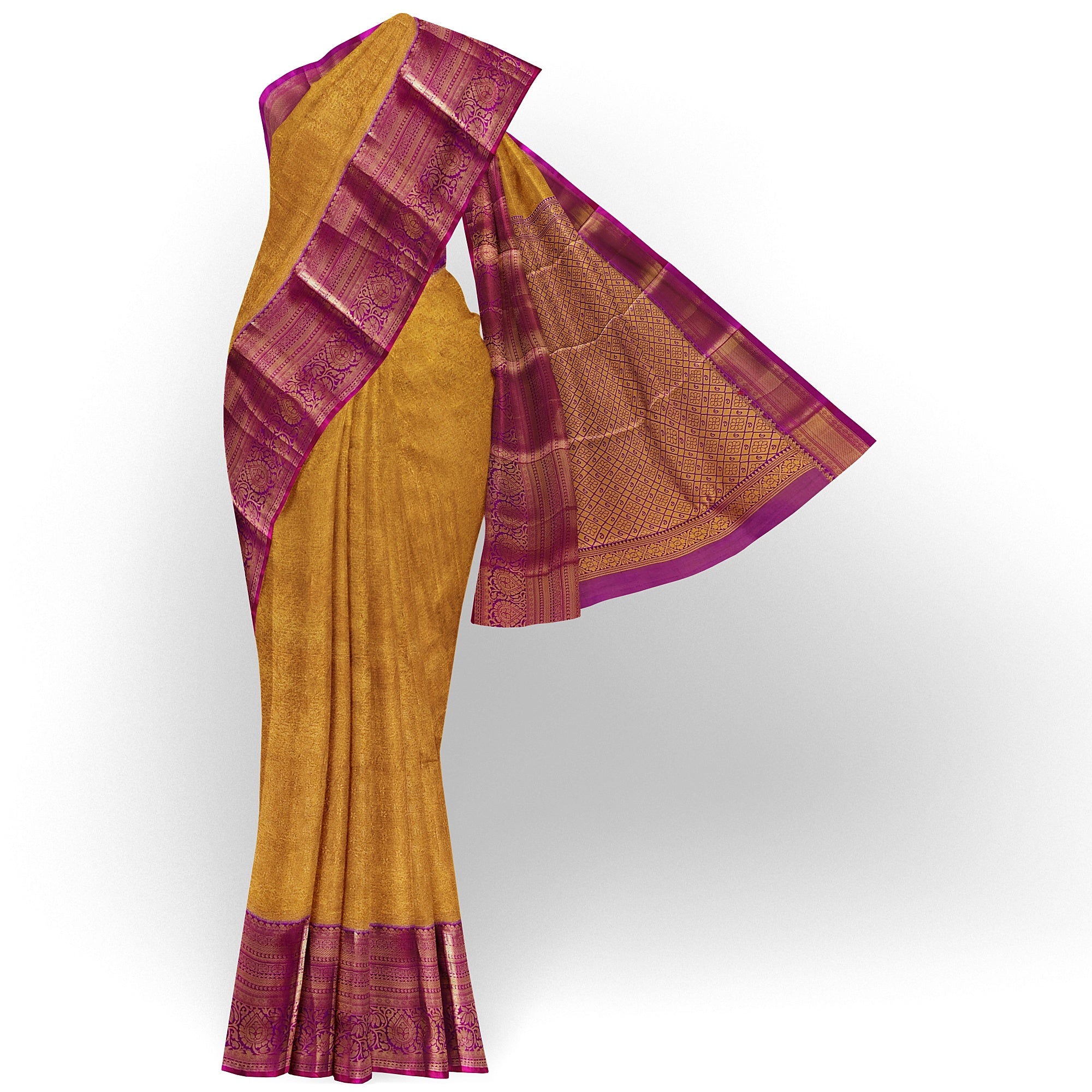 Gold Saree with Magenta Pink Border – Affordable Wedding Elegance