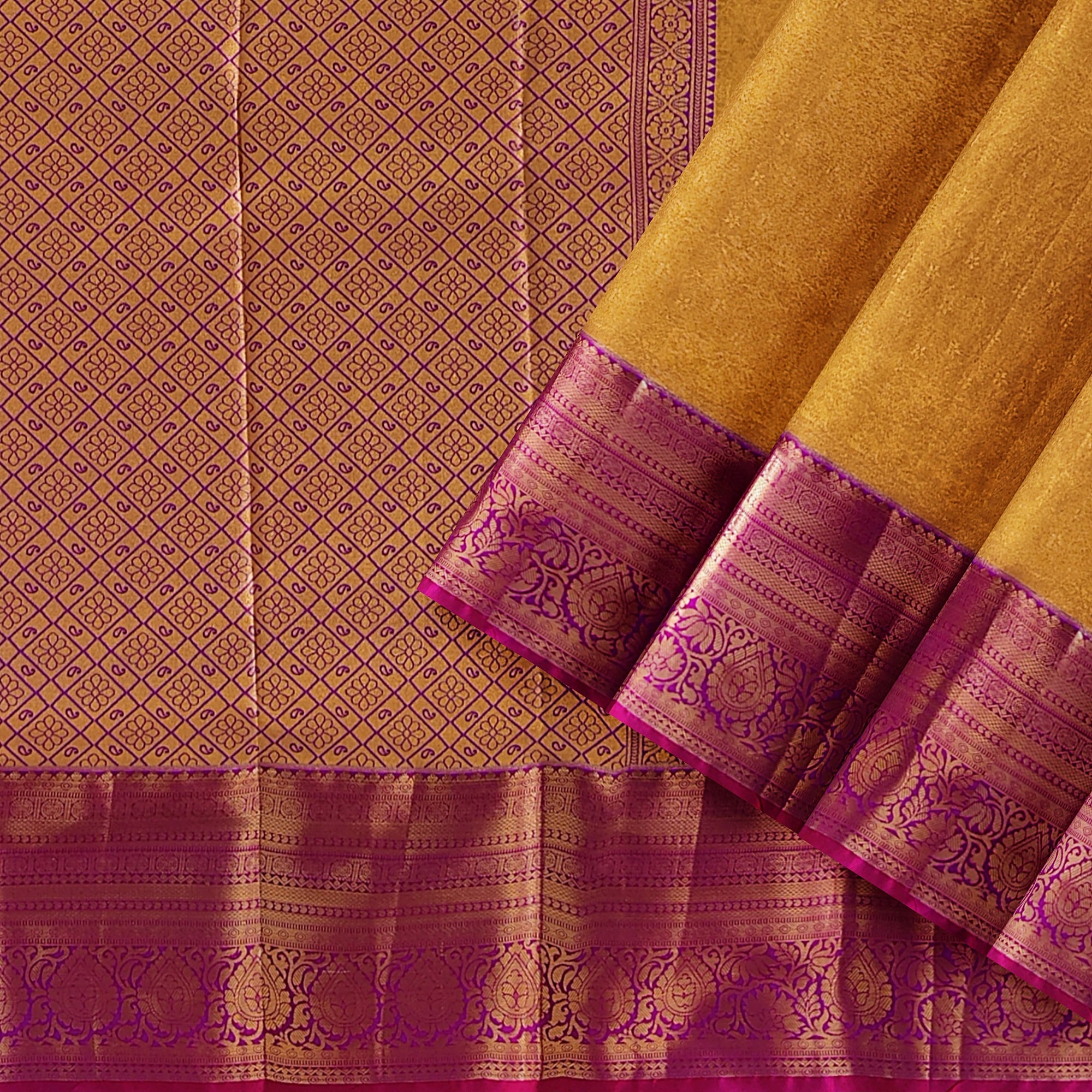 Gold Saree with Magenta Pink Border – Affordable Wedding Elegance