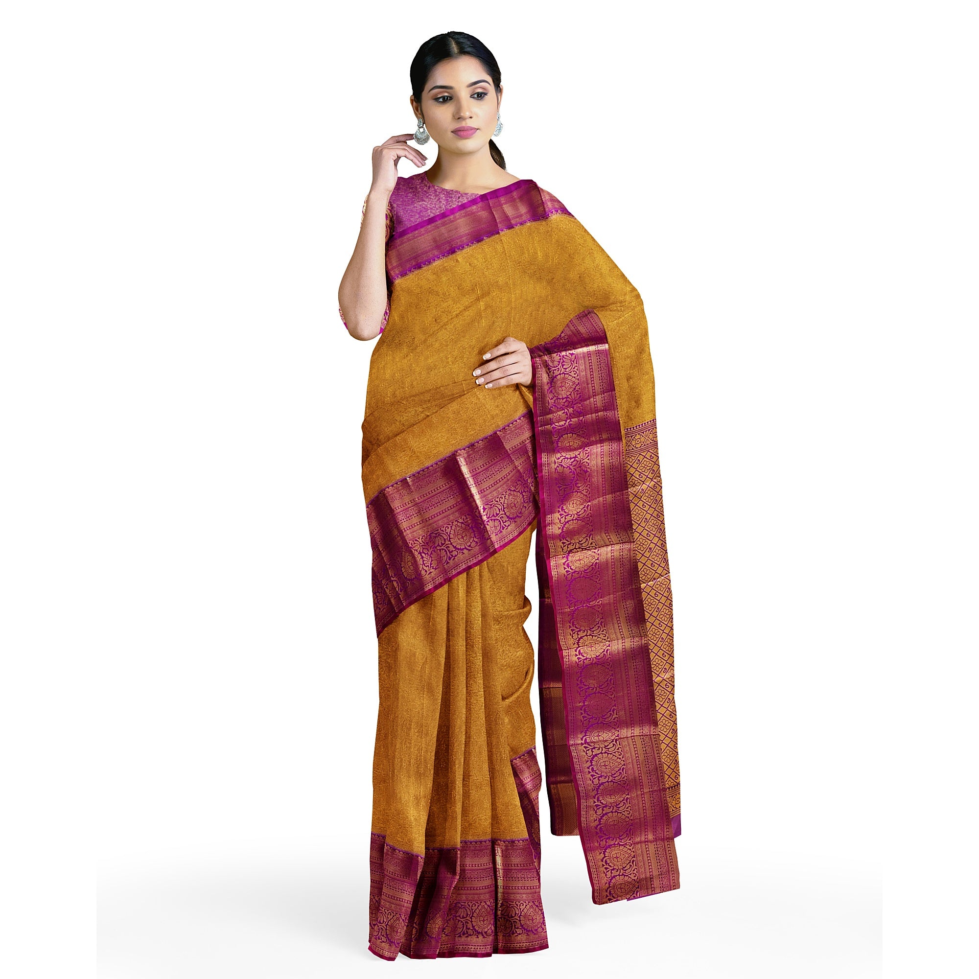 Gold Saree with Magenta Pink Border – Affordable Wedding Elegance