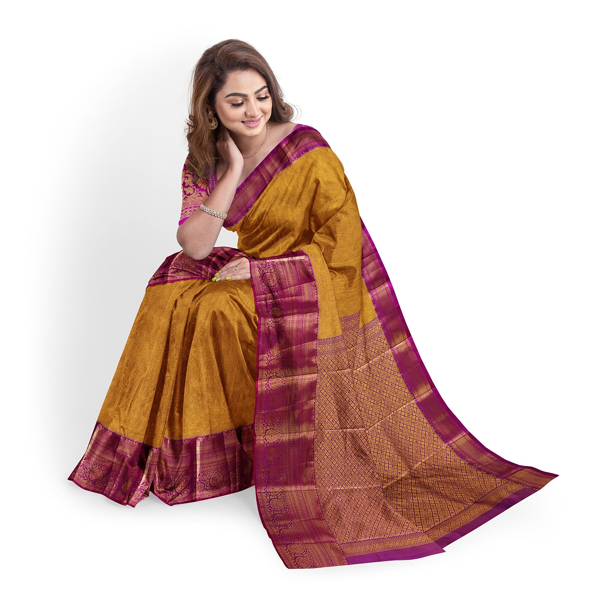 Gold Saree with Magenta Pink Border – Affordable Wedding Elegance