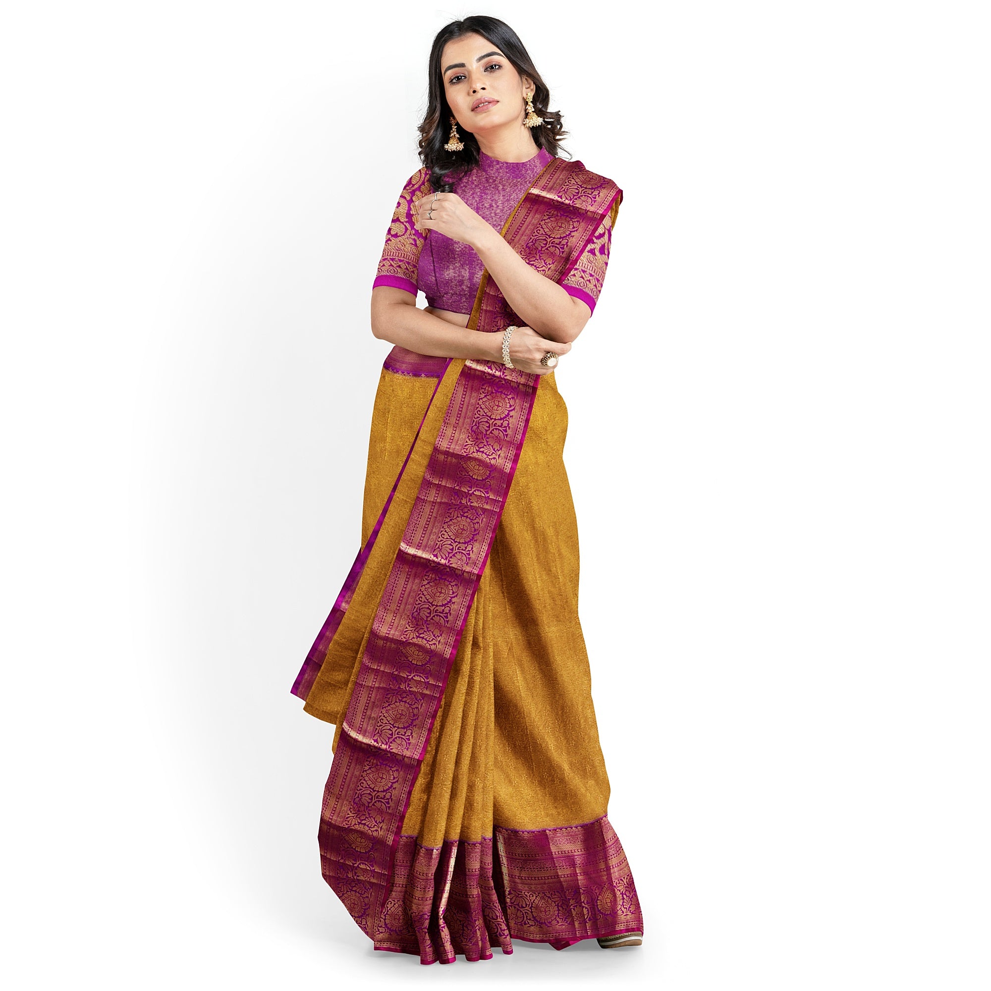 Gold Saree with Magenta Pink Border – Affordable Wedding Elegance