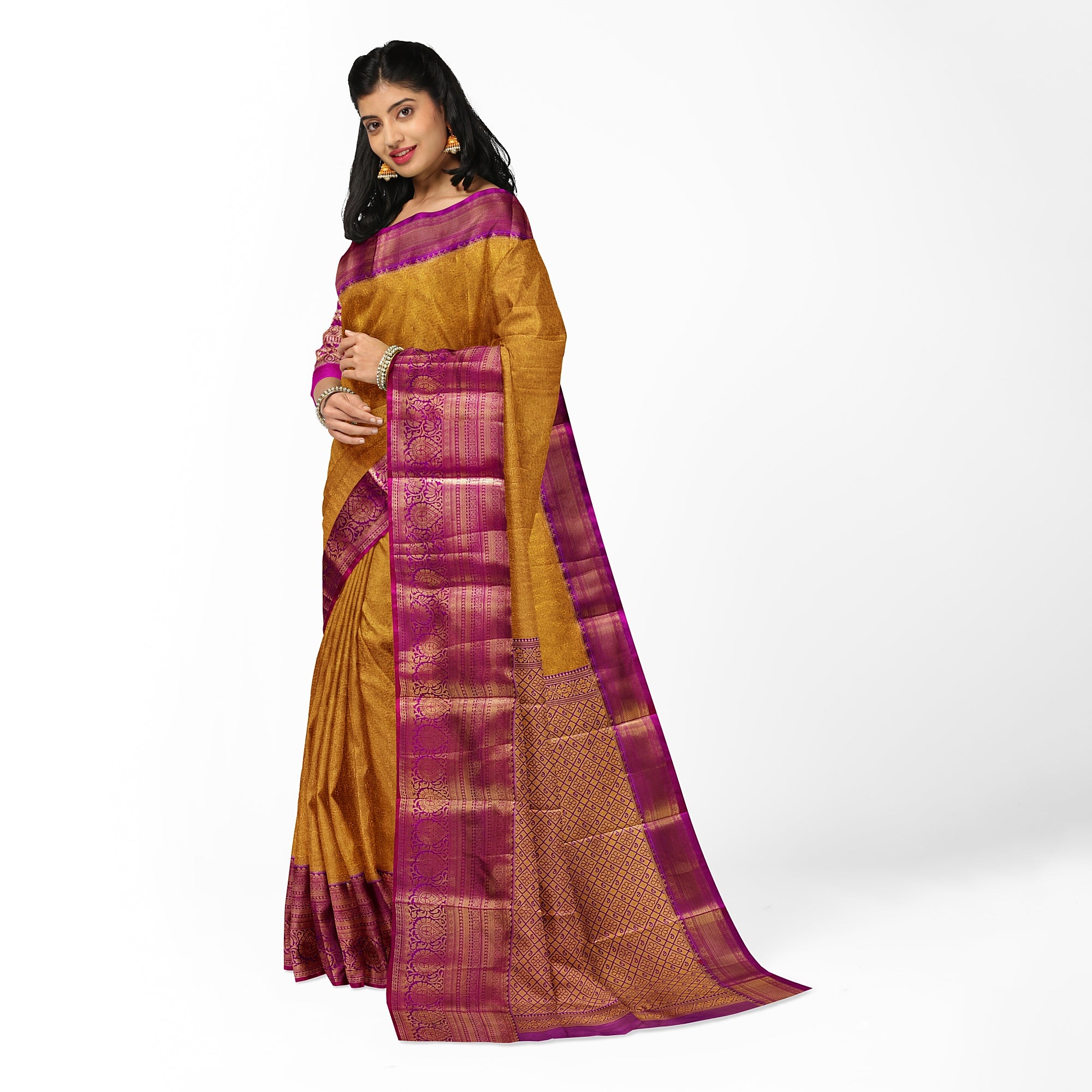 Gold Saree with Magenta Pink Border – Affordable Wedding Elegance