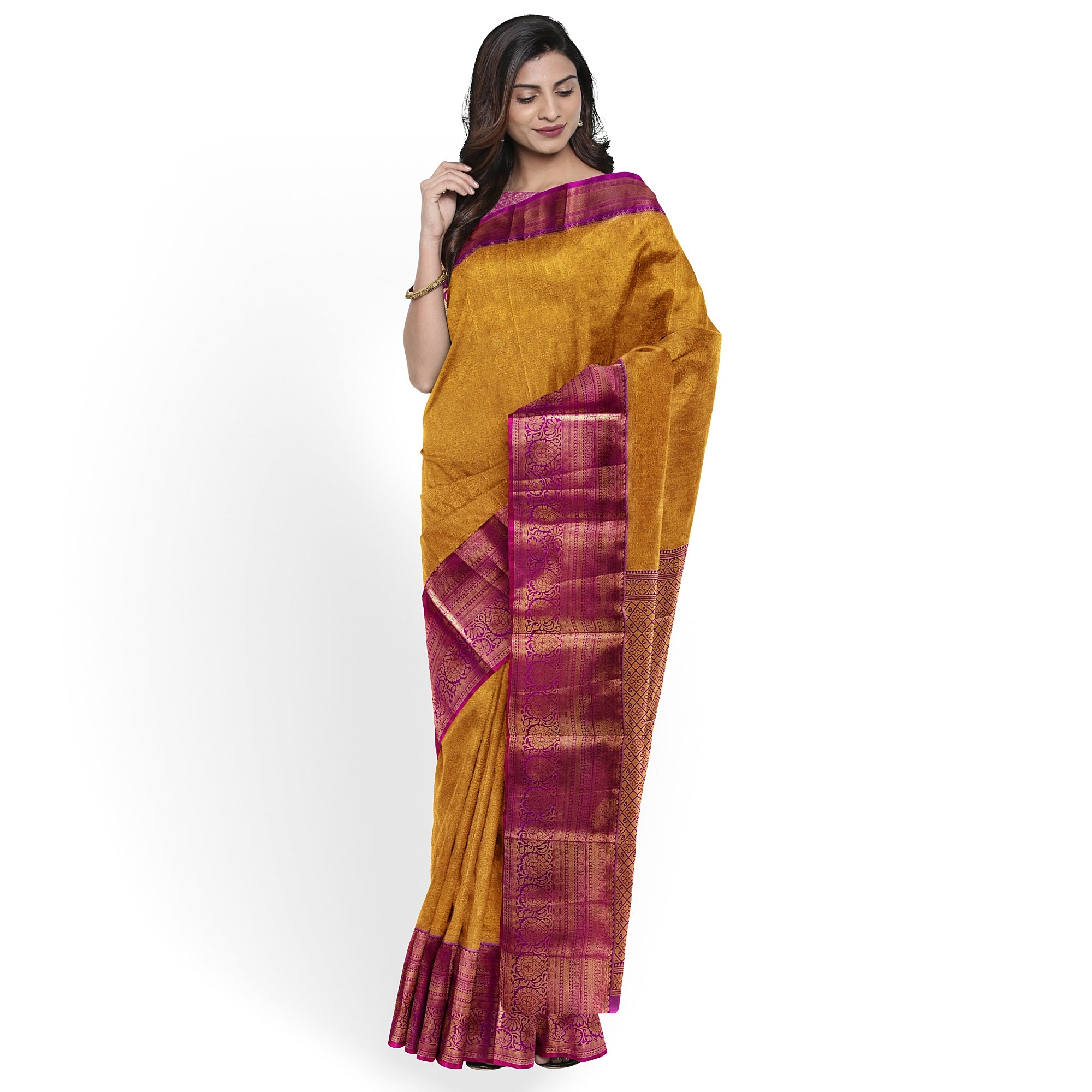 Gold Saree with Magenta Pink Border – Affordable Wedding Elegance