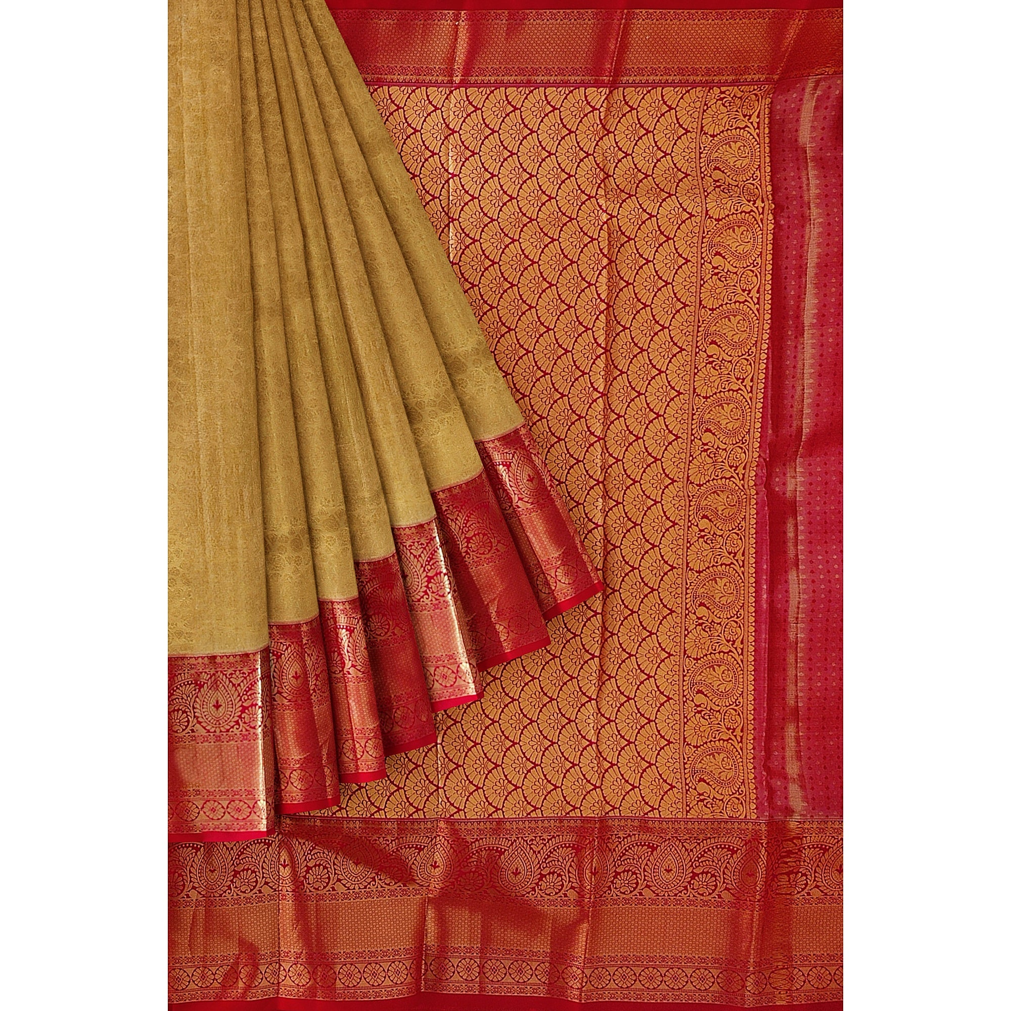 Gold Saree with Red Border – Traditional Design Elegance
