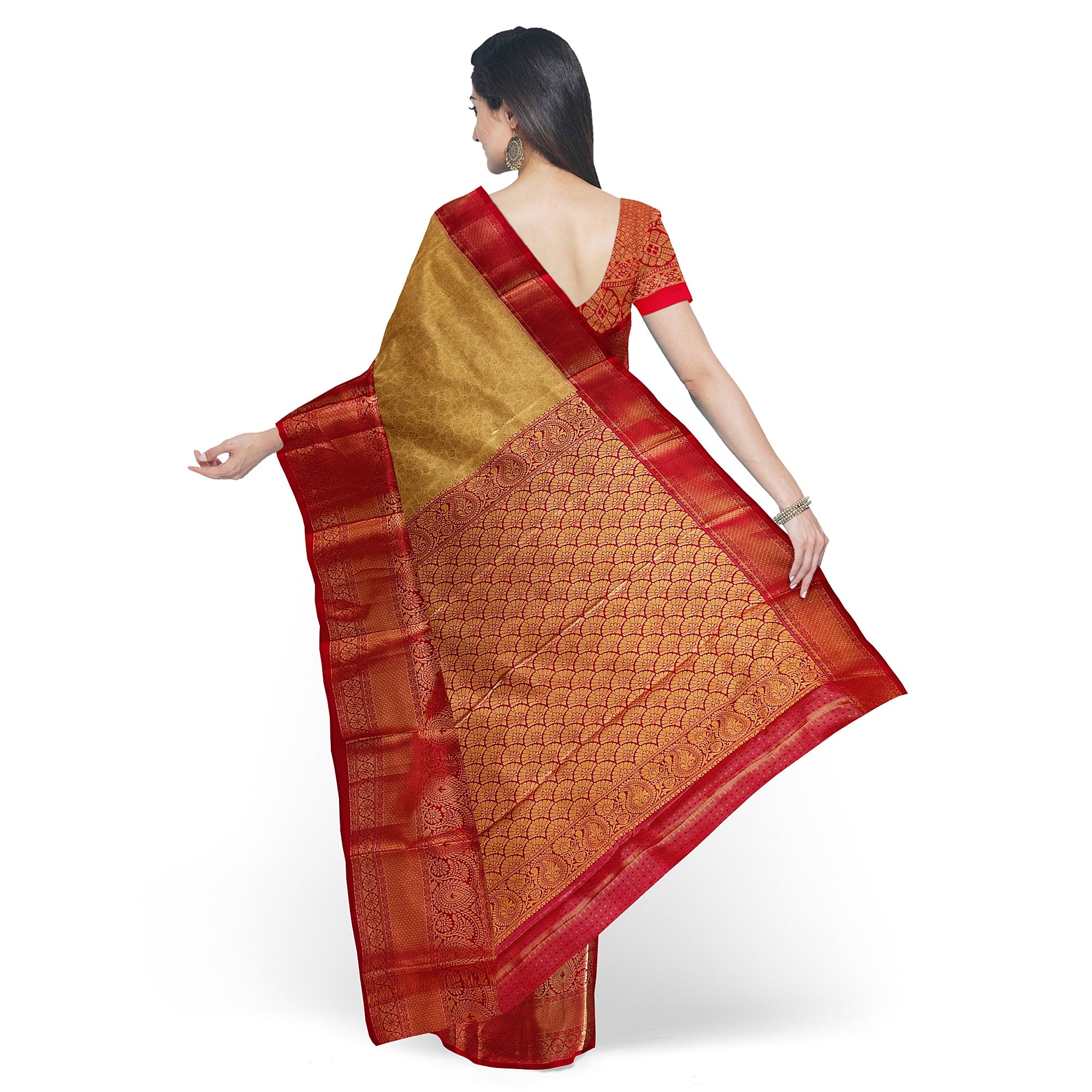 Gold Saree with Red Border – Traditional Design Elegance