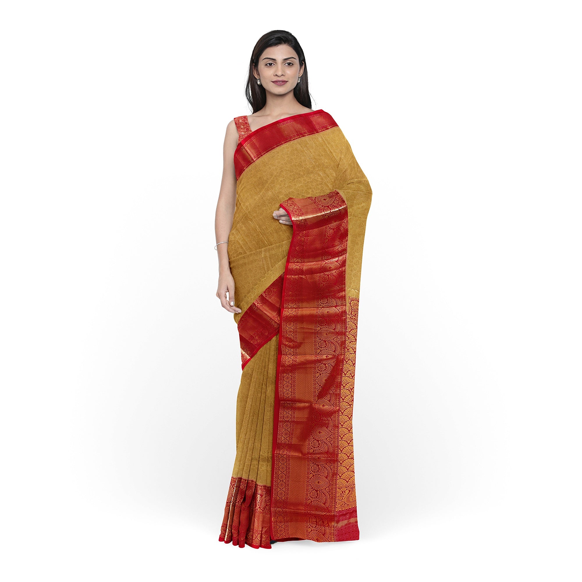 Gold Saree with Red Border – Traditional Design Elegance