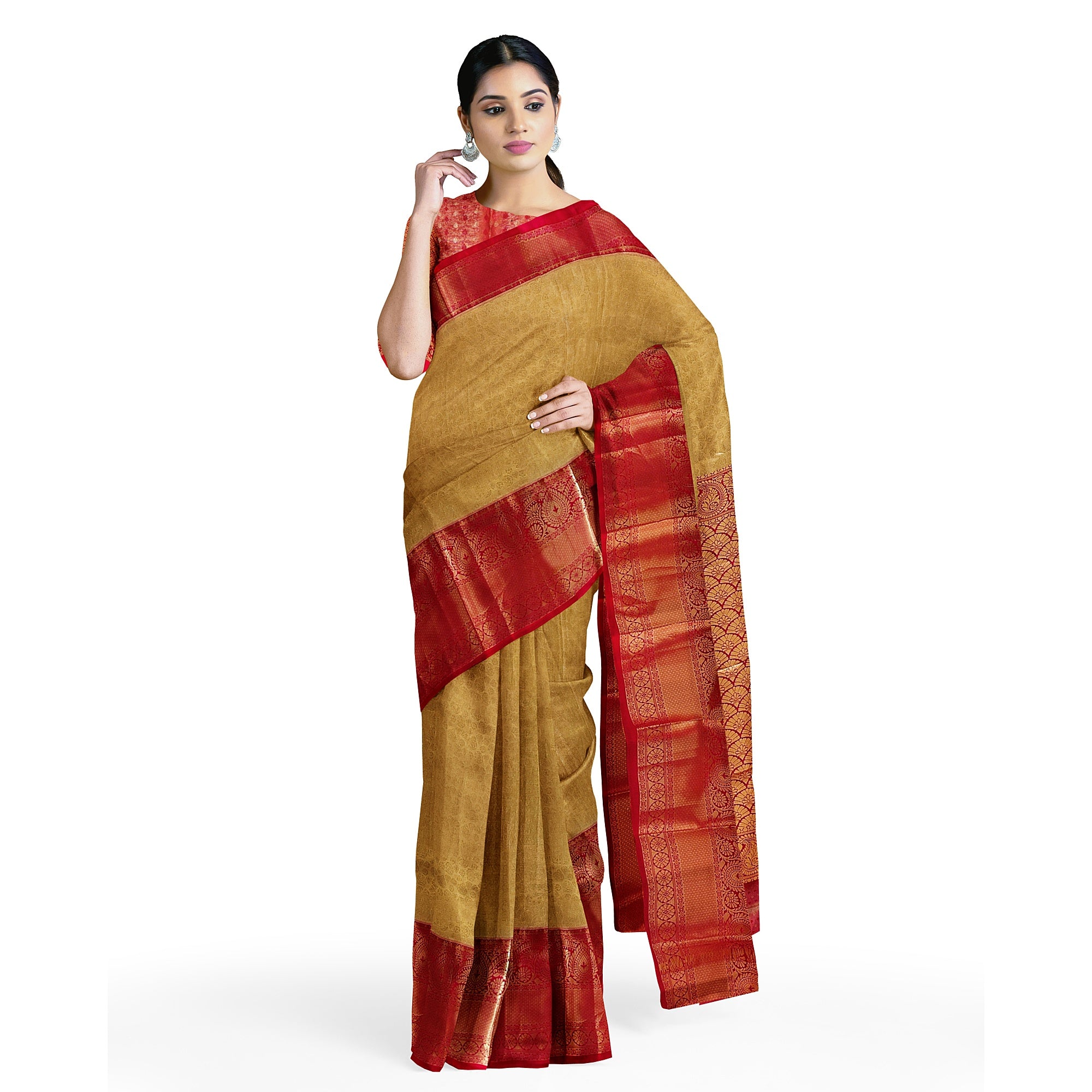 Gold Saree with Red Border – Traditional Design Elegance
