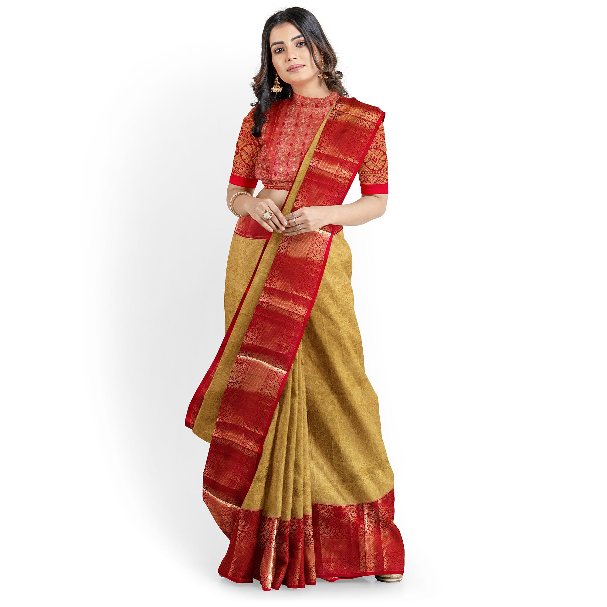 Gold Saree with Red Border – Traditional Design Elegance
