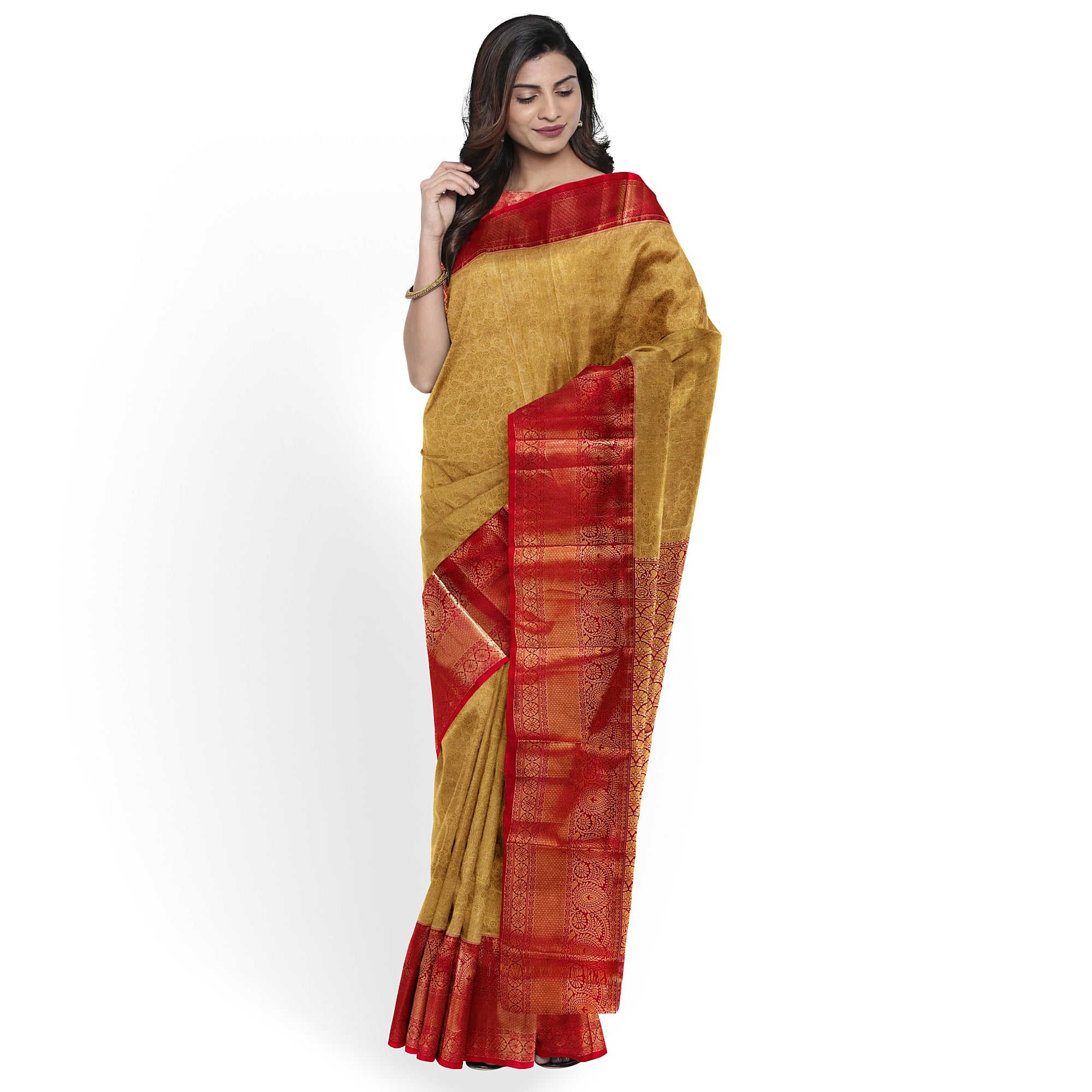 Gold Saree with Red Border – Traditional Design Elegance