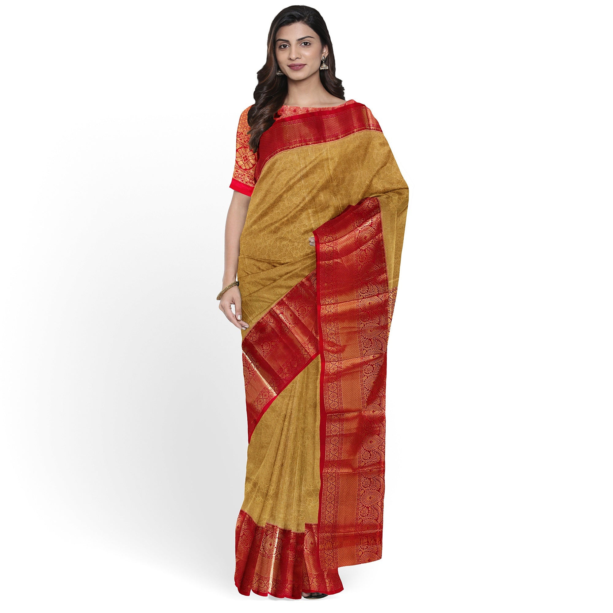 Gold Saree with Red Border – Traditional Design Elegance