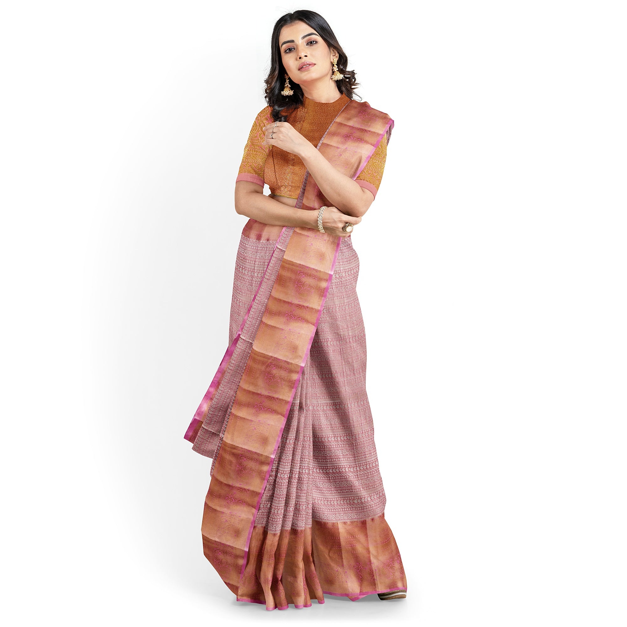 Baby Pink Semi Tissue Saree with Silver Zari – Elegant and Graceful