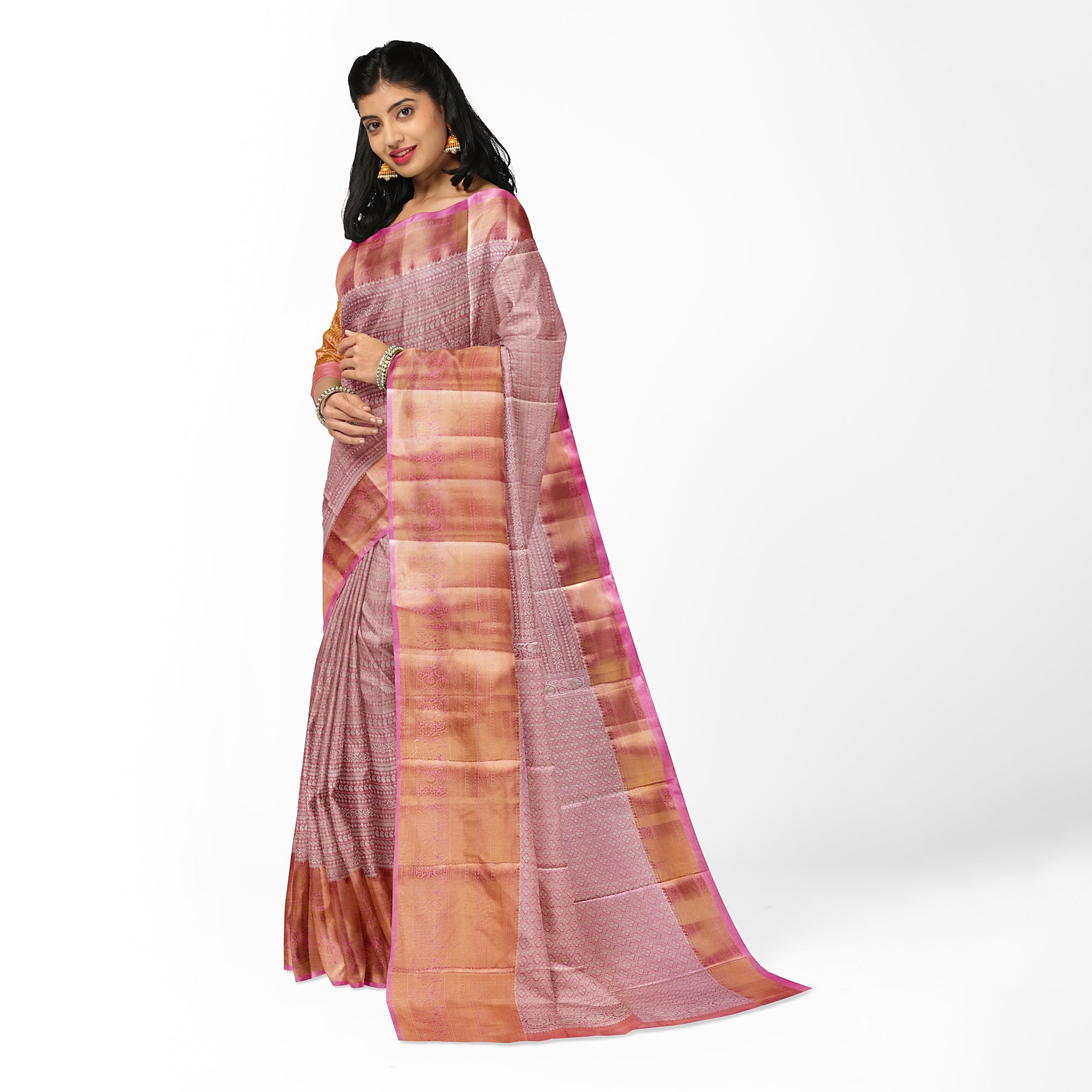 Baby Pink Semi Tissue Saree with Silver Zari – Elegant and Graceful