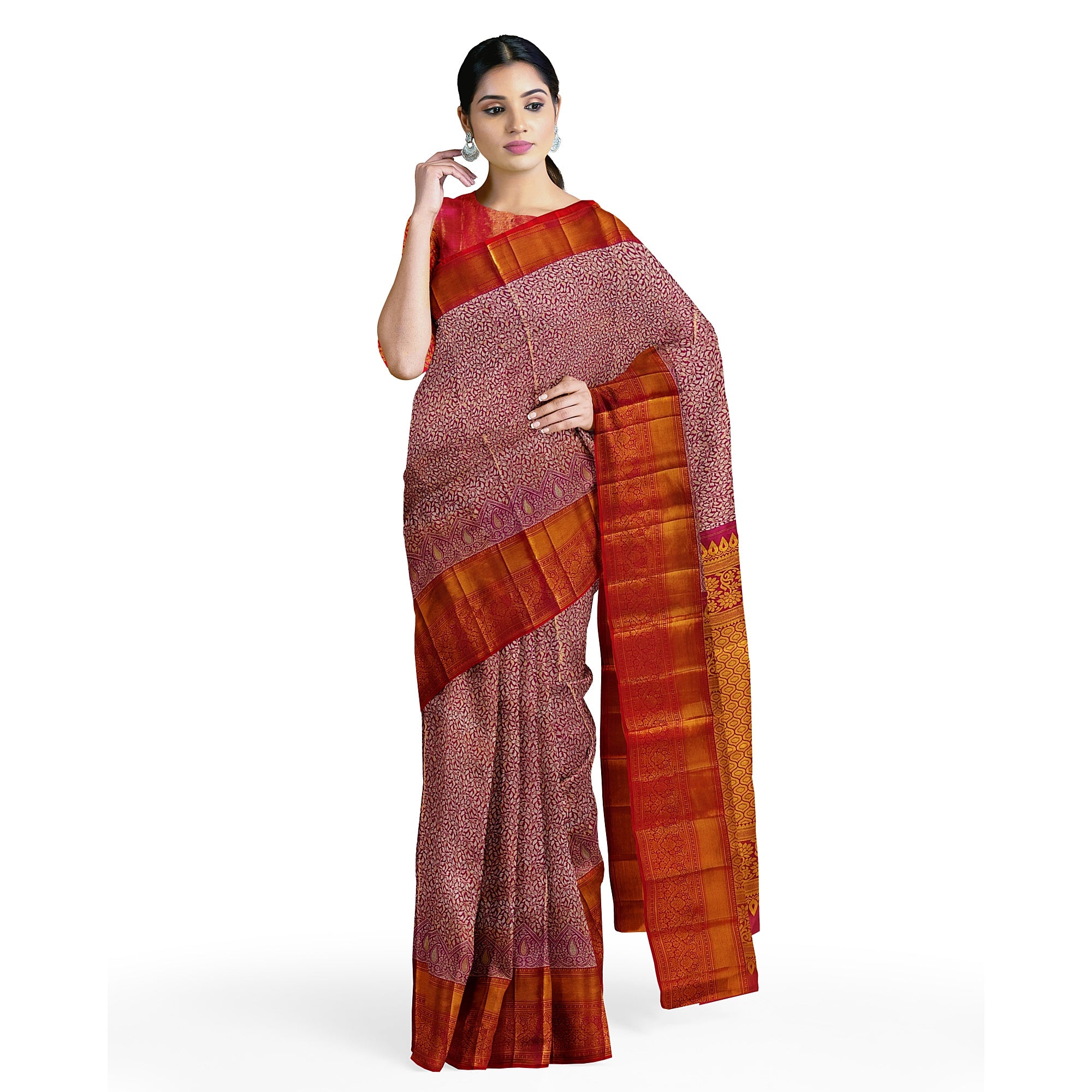 Pink and Magenta Traditional Tissue Saree with Floral Work – Timeless Elegance
