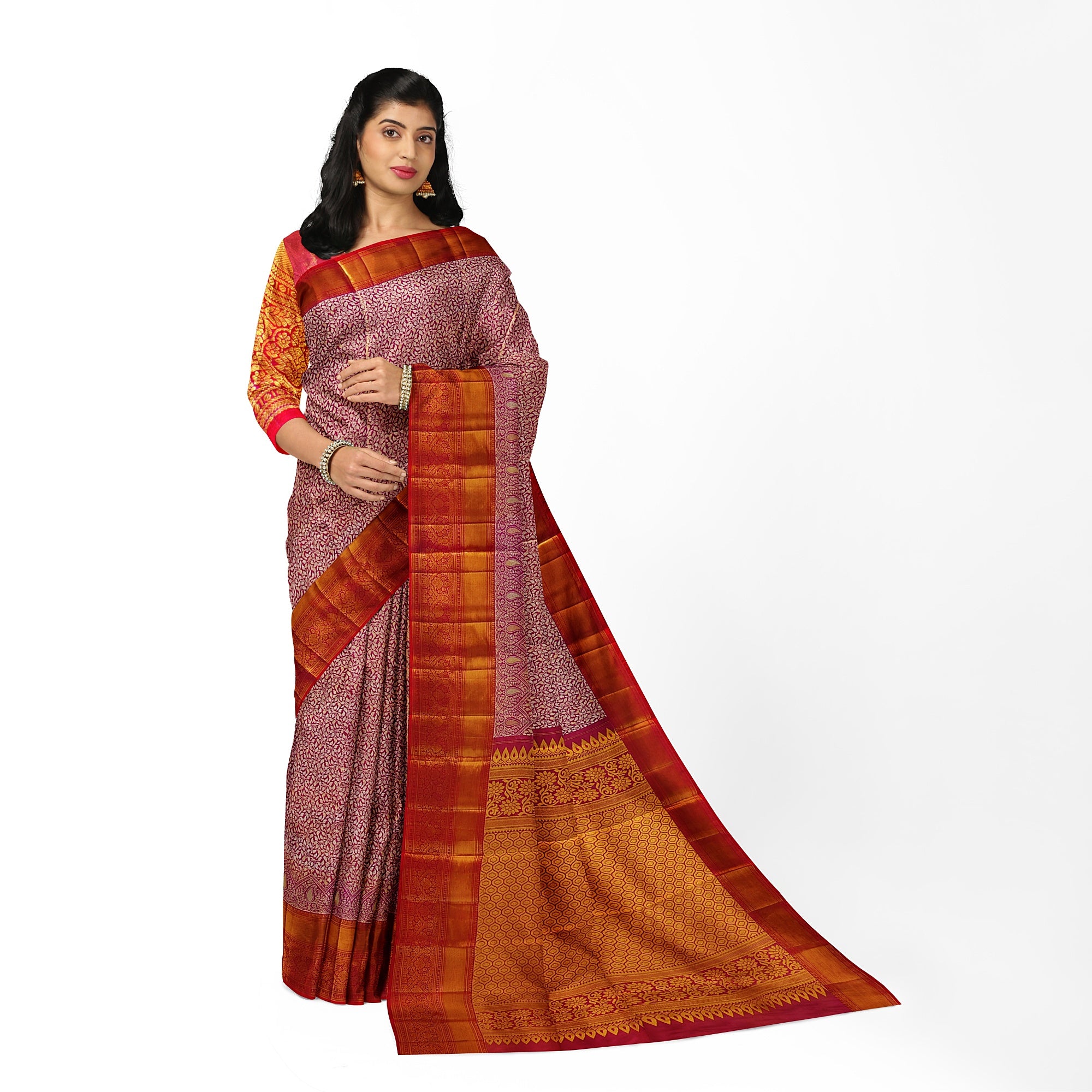 Pink and Magenta Traditional Tissue Saree with Floral Work – Timeless Elegance