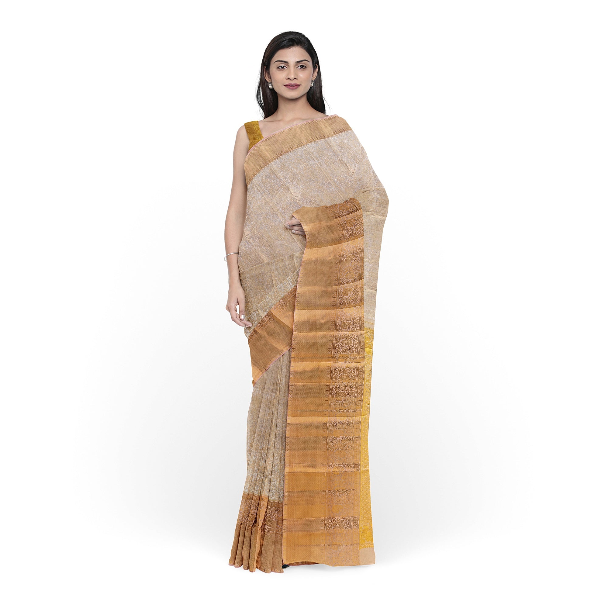 Cream Wedding Saree with Gold Zari Work – A Classic Bridal Beauty