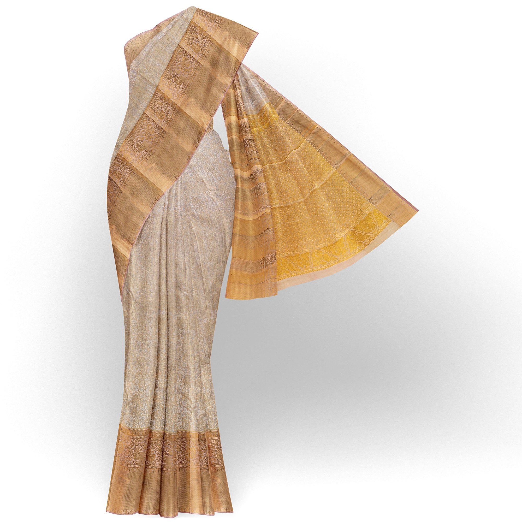 Cream Wedding Saree with Gold Zari Work – A Classic Bridal Beauty