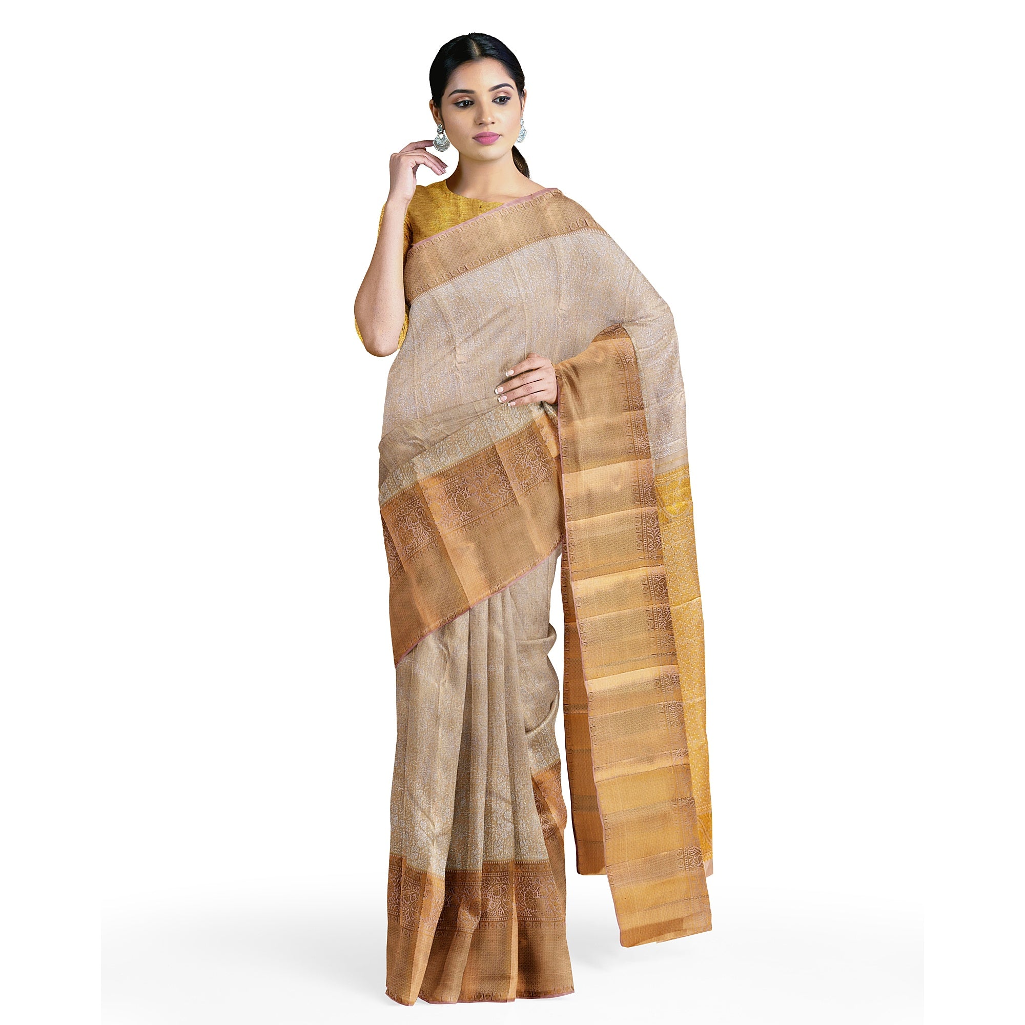 Cream Wedding Saree with Gold Zari Work – A Classic Bridal Beauty