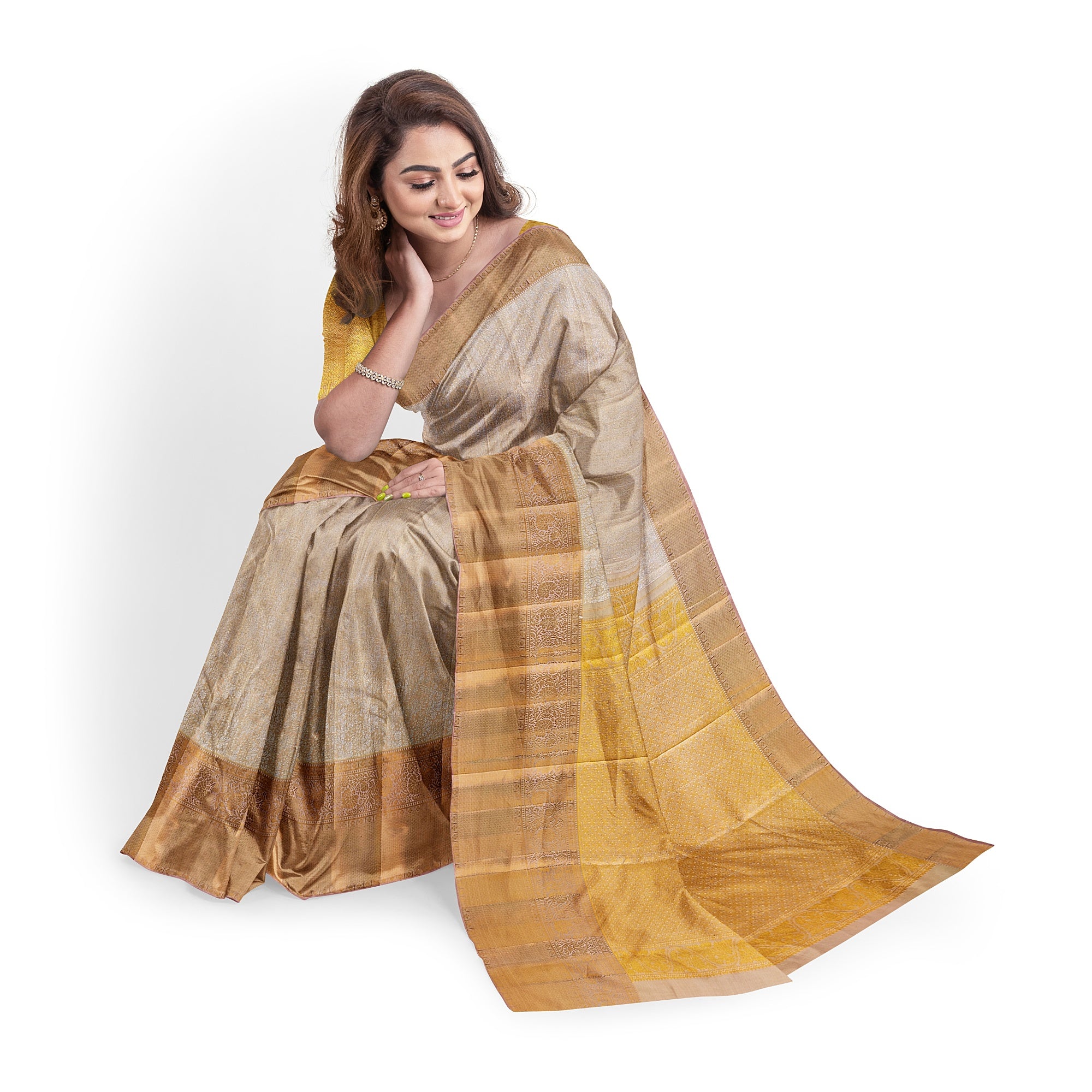 Cream Wedding Saree with Gold Zari Work – A Classic Bridal Beauty