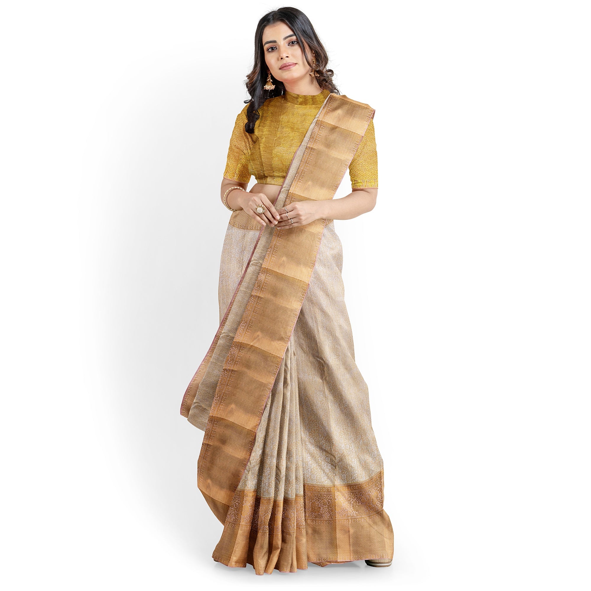 Cream Wedding Saree with Gold Zari Work – A Classic Bridal Beauty