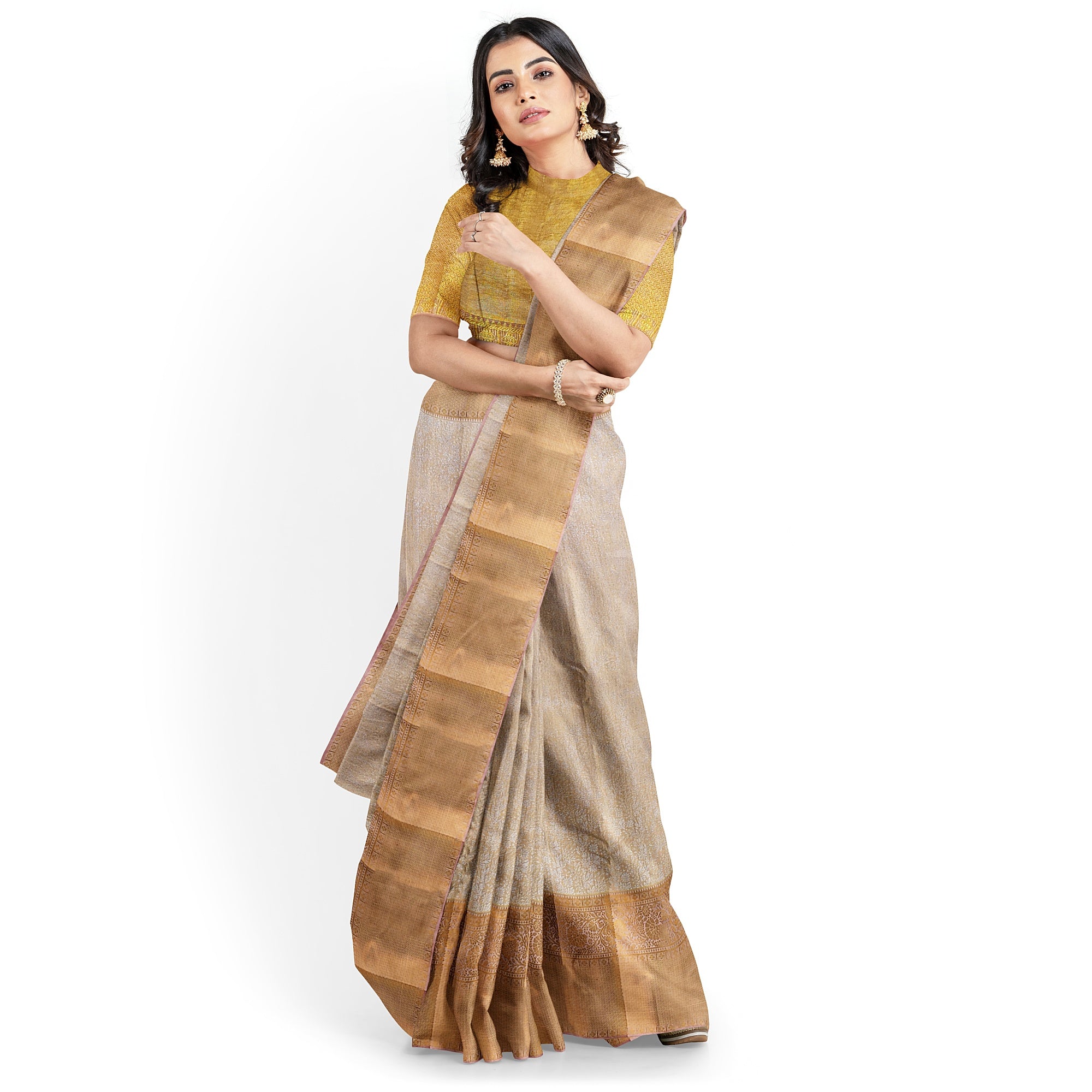 Cream Wedding Saree with Gold Zari Work – A Classic Bridal Beauty