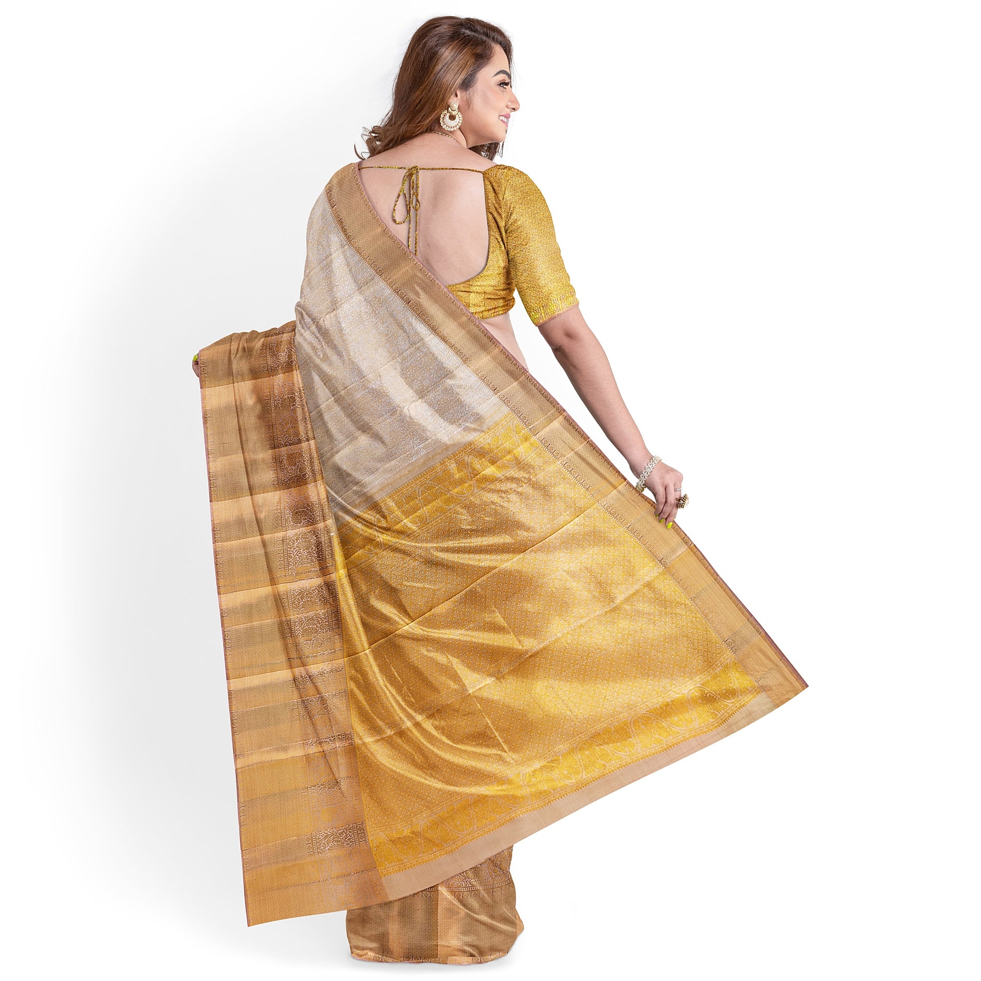 Cream Wedding Saree with Gold Zari Work – A Classic Bridal Beauty