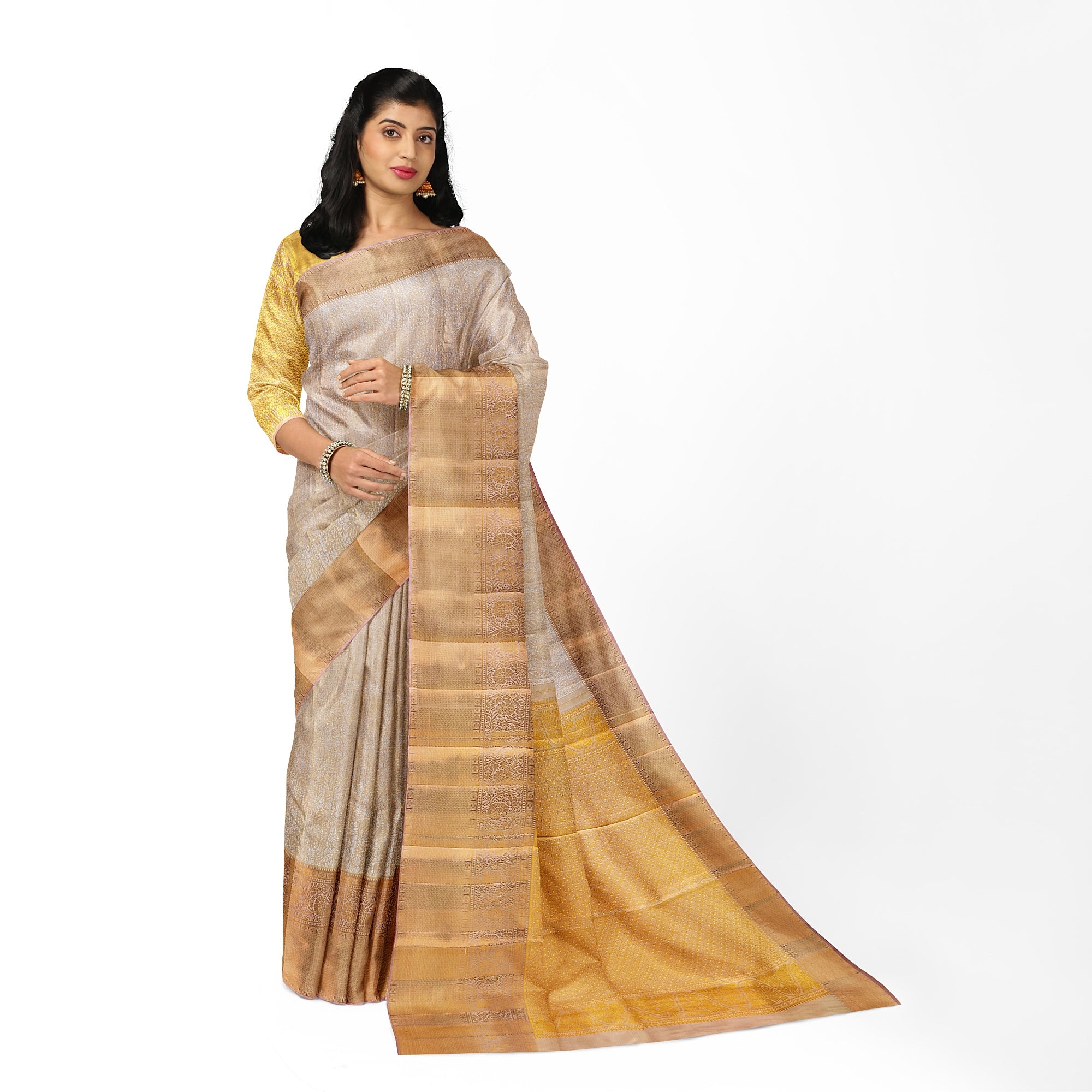 Cream Wedding Saree with Gold Zari Work – A Classic Bridal Beauty