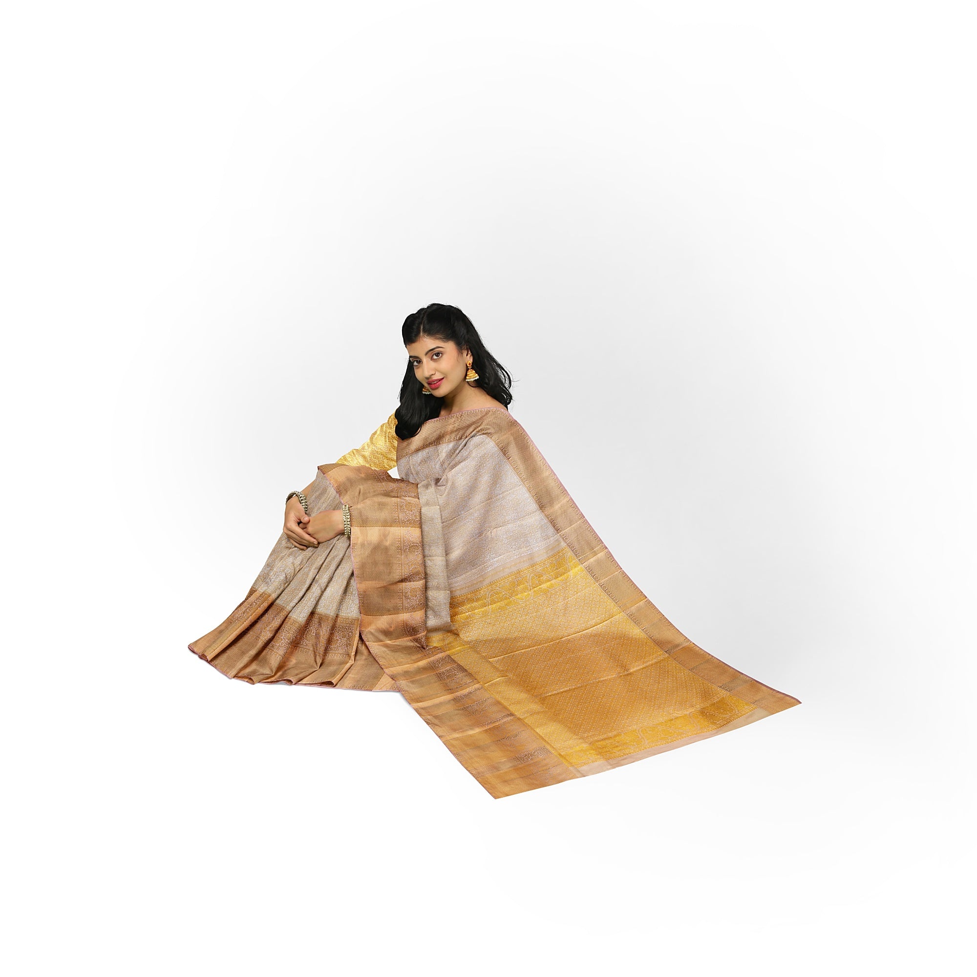 Cream Wedding Saree with Gold Zari Work – A Classic Bridal Beauty