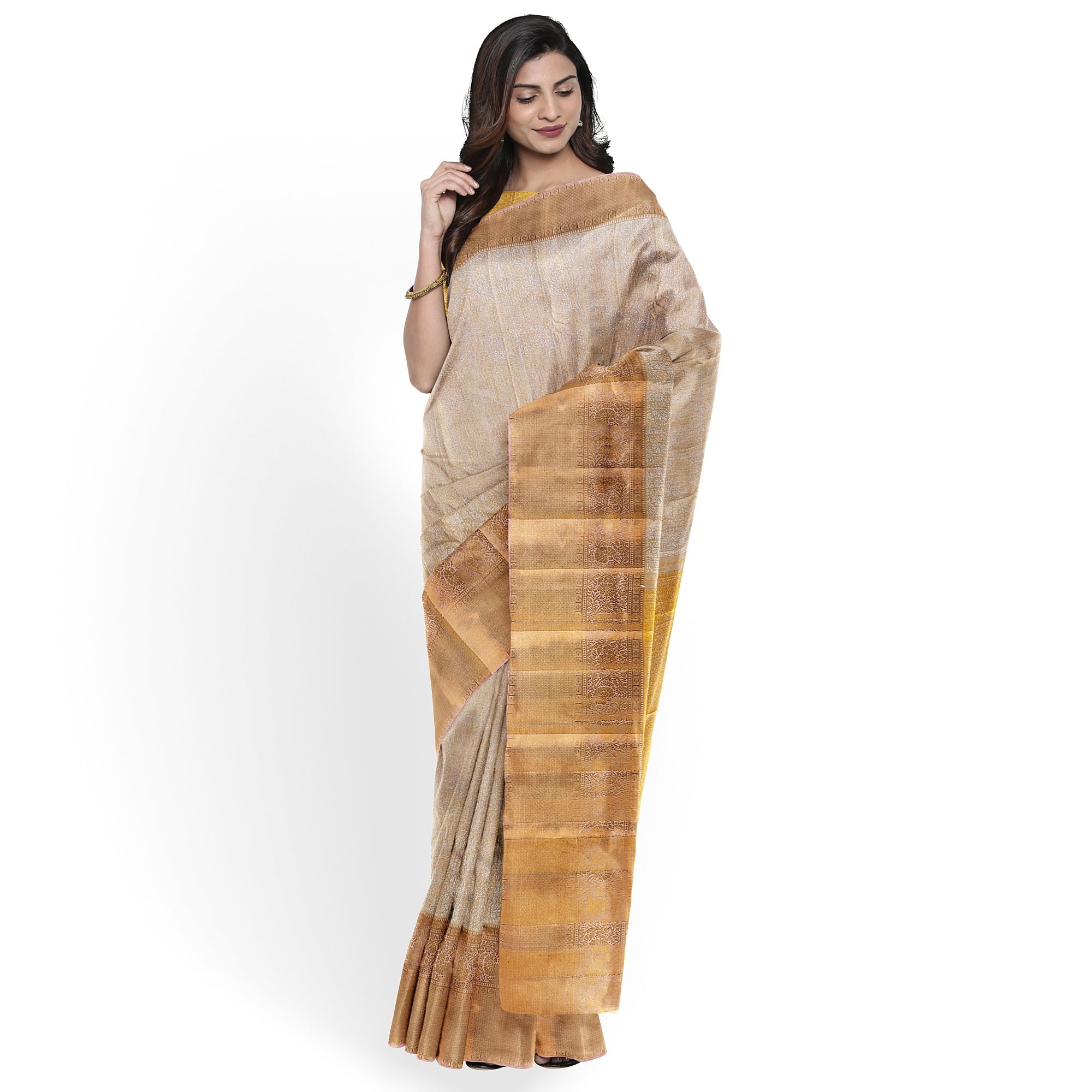 Cream Wedding Saree with Gold Zari Work – A Classic Bridal Beauty