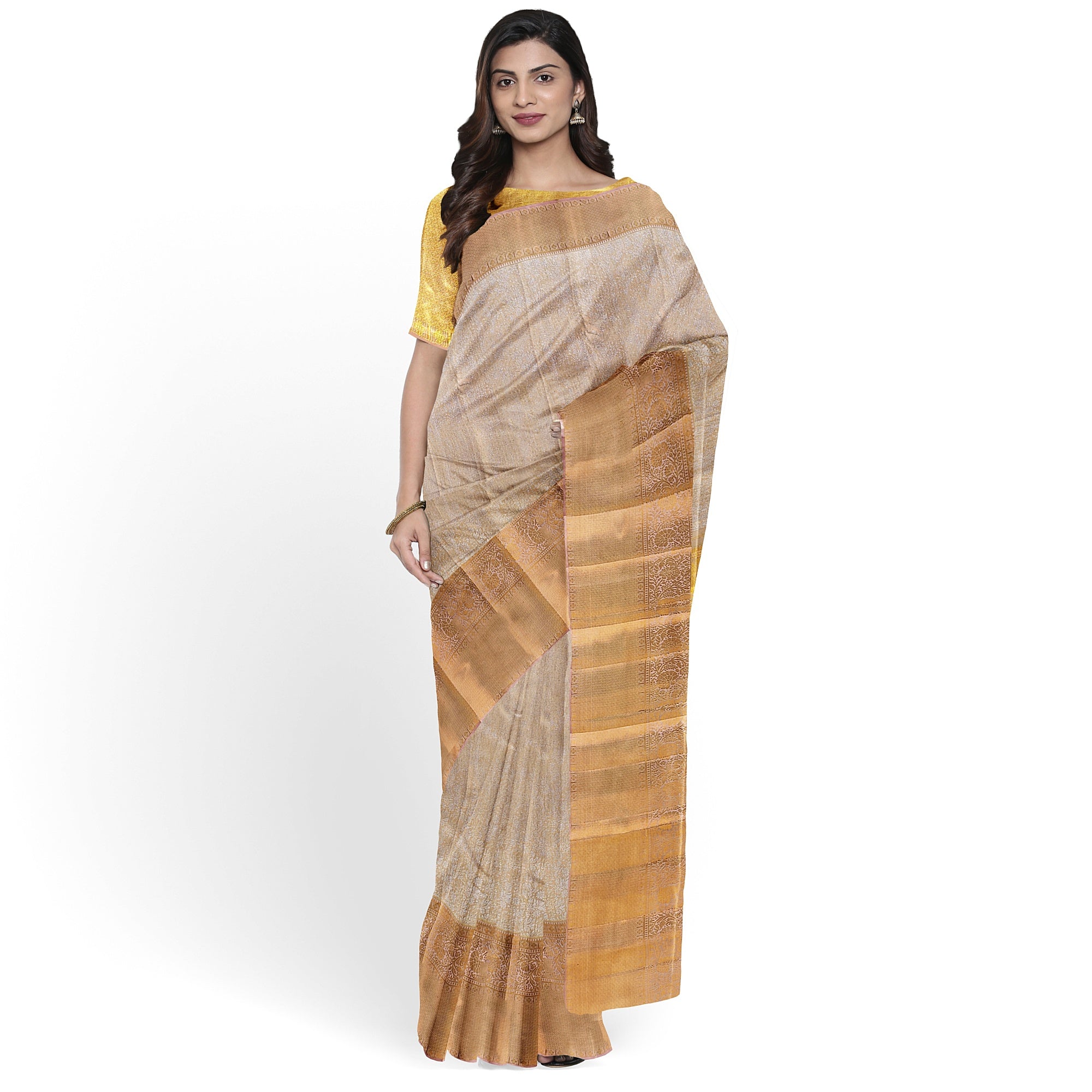 Cream Wedding Saree with Gold Zari Work – A Classic Bridal Beauty