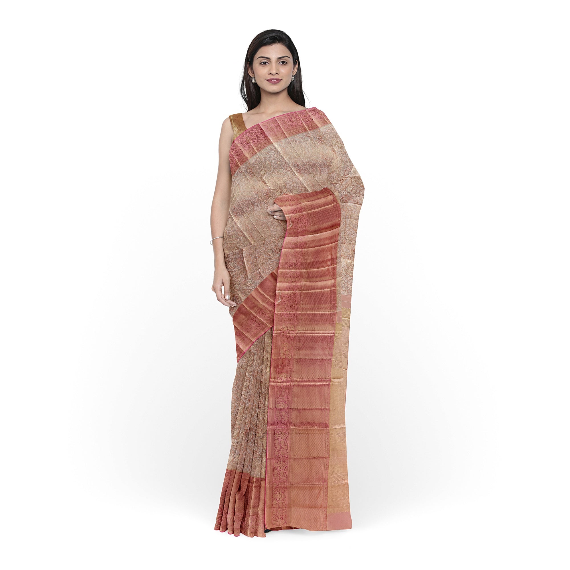 Pinkish Onion Tissue Silk Saree with Silver Zari – Elegant Traditional Charm