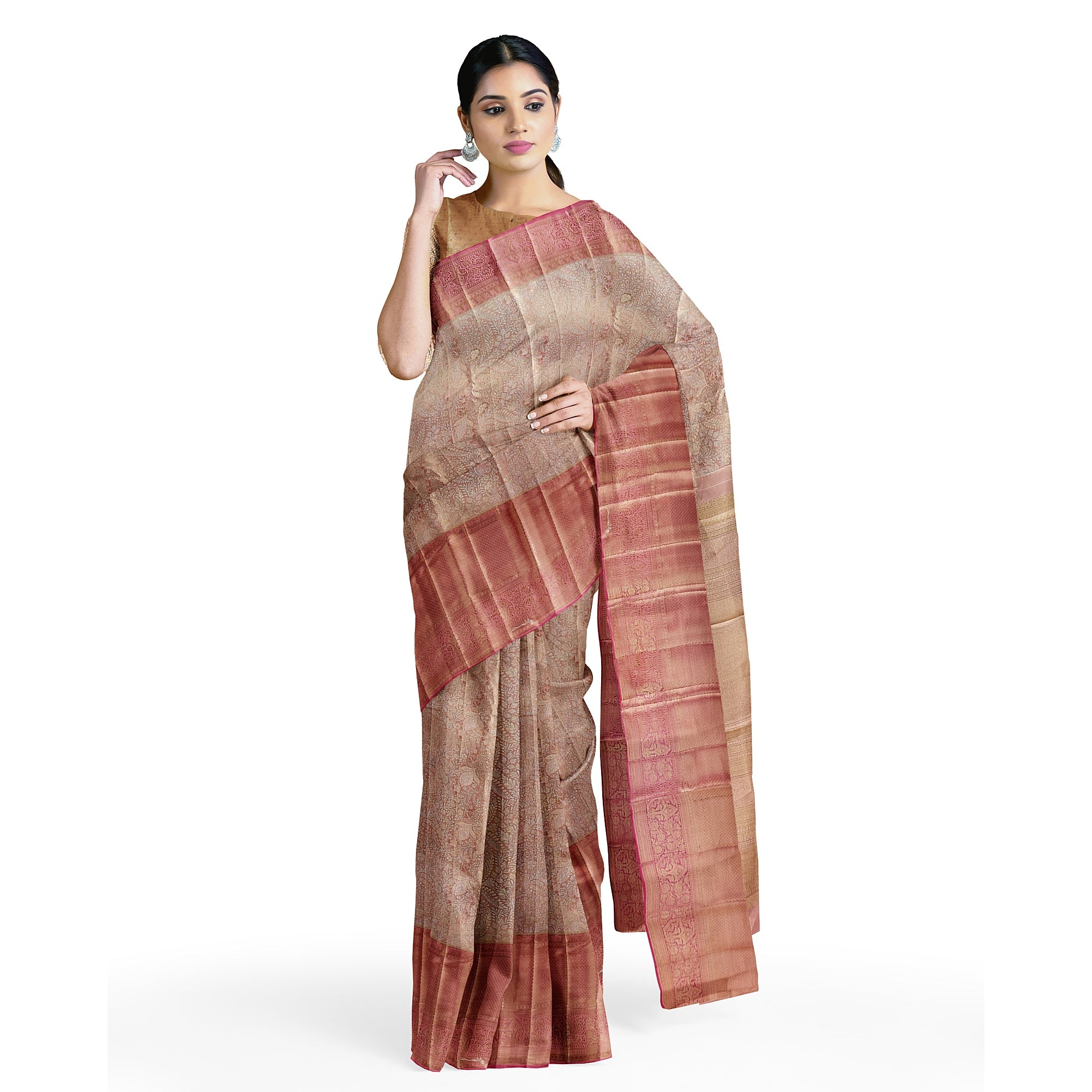 Pinkish Onion Tissue Silk Saree with Silver Zari – Elegant Traditional Charm