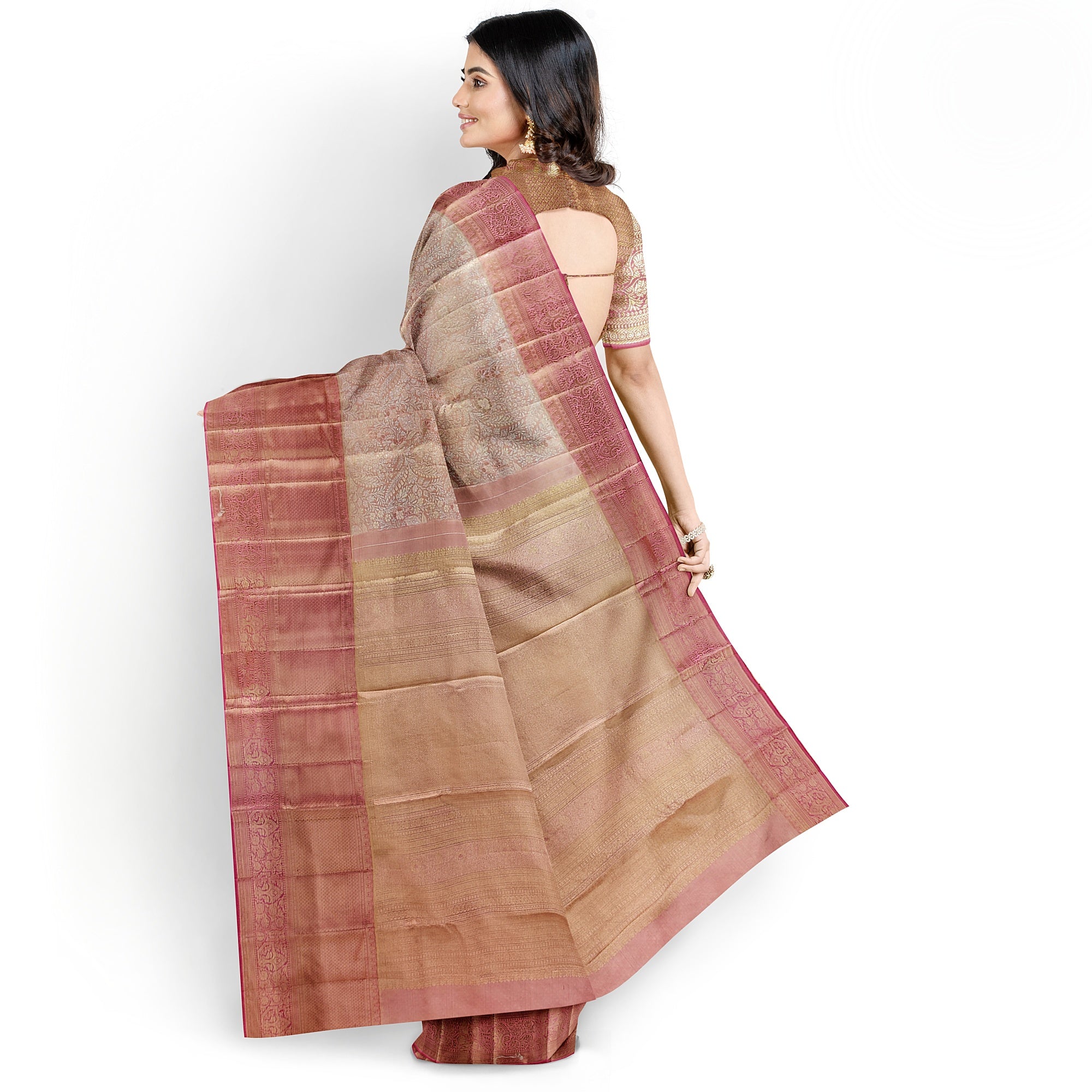 Pinkish Onion Tissue Silk Saree with Silver Zari – Elegant Traditional Charm