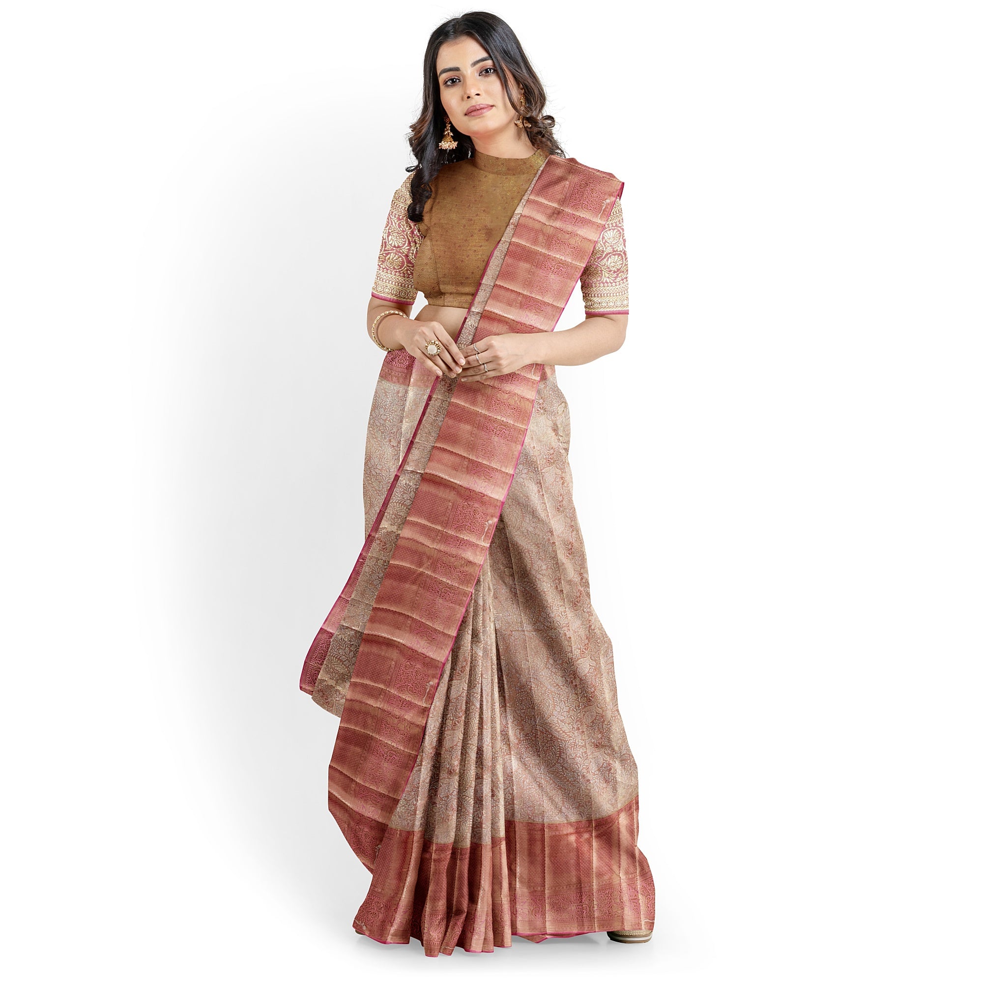 Pinkish Onion Tissue Silk Saree with Silver Zari – Elegant Traditional Charm