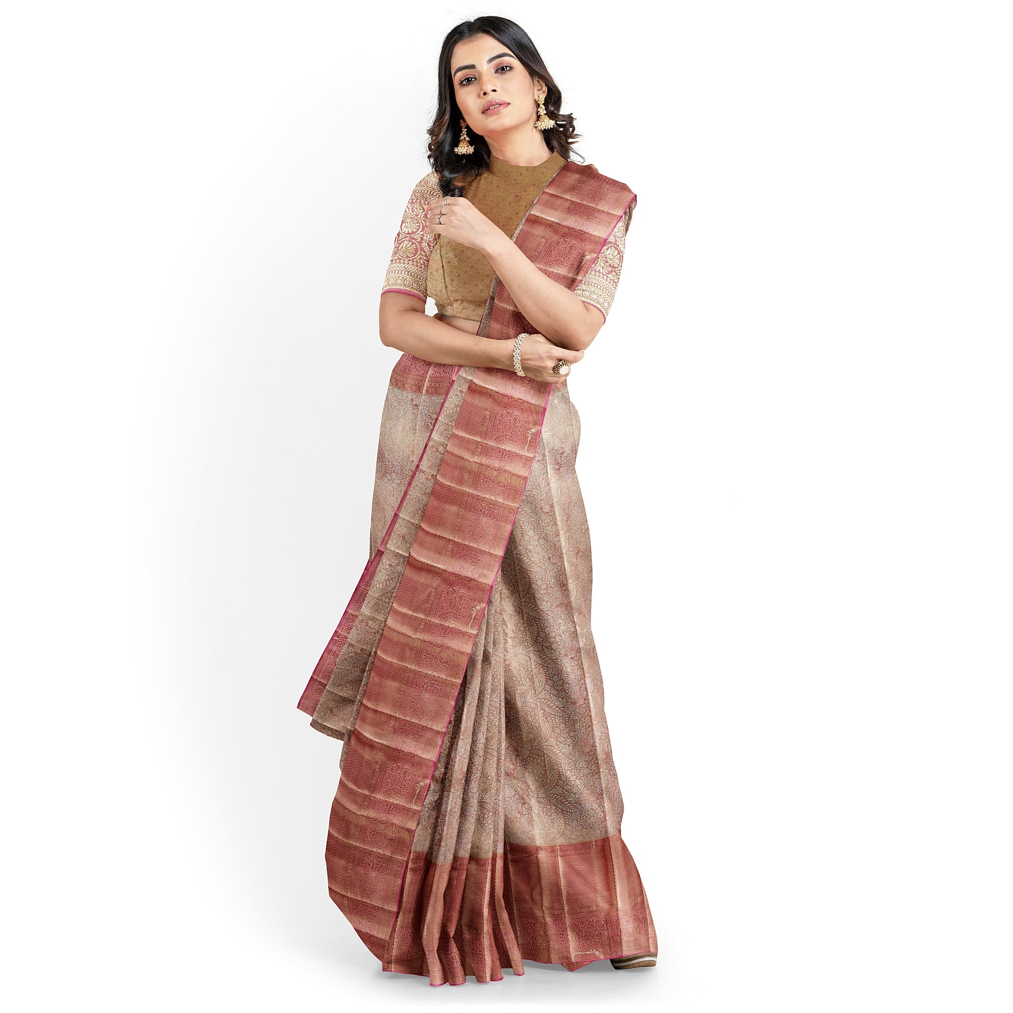 Pinkish Onion Tissue Silk Saree with Silver Zari – Elegant Traditional Charm