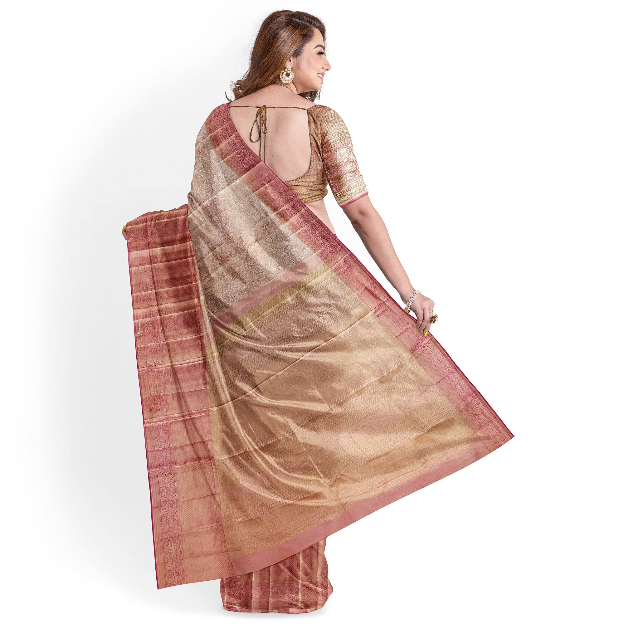 Pinkish Onion Tissue Silk Saree with Silver Zari – Elegant Traditional Charm