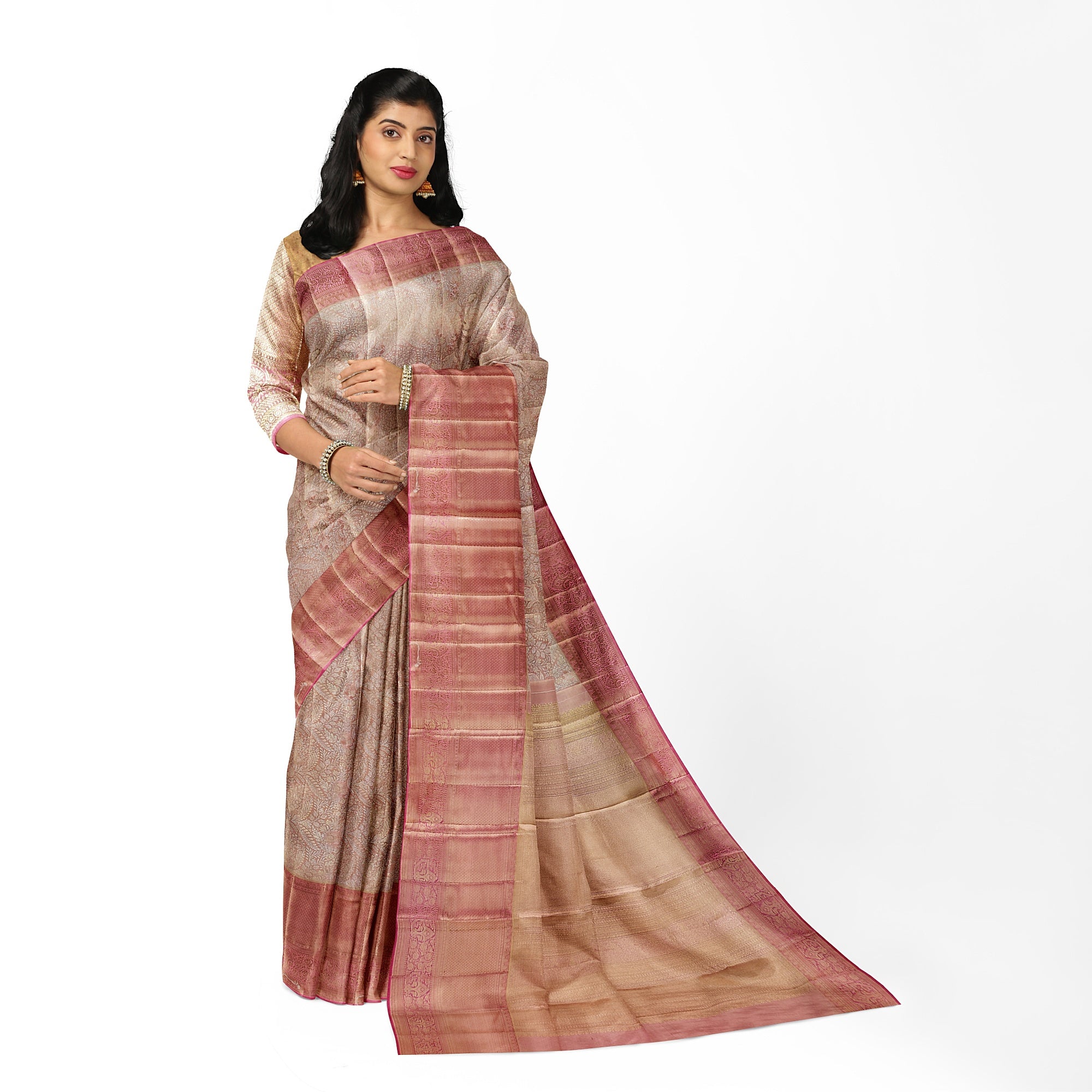 Pinkish Onion Tissue Silk Saree with Silver Zari – Elegant Traditional Charm