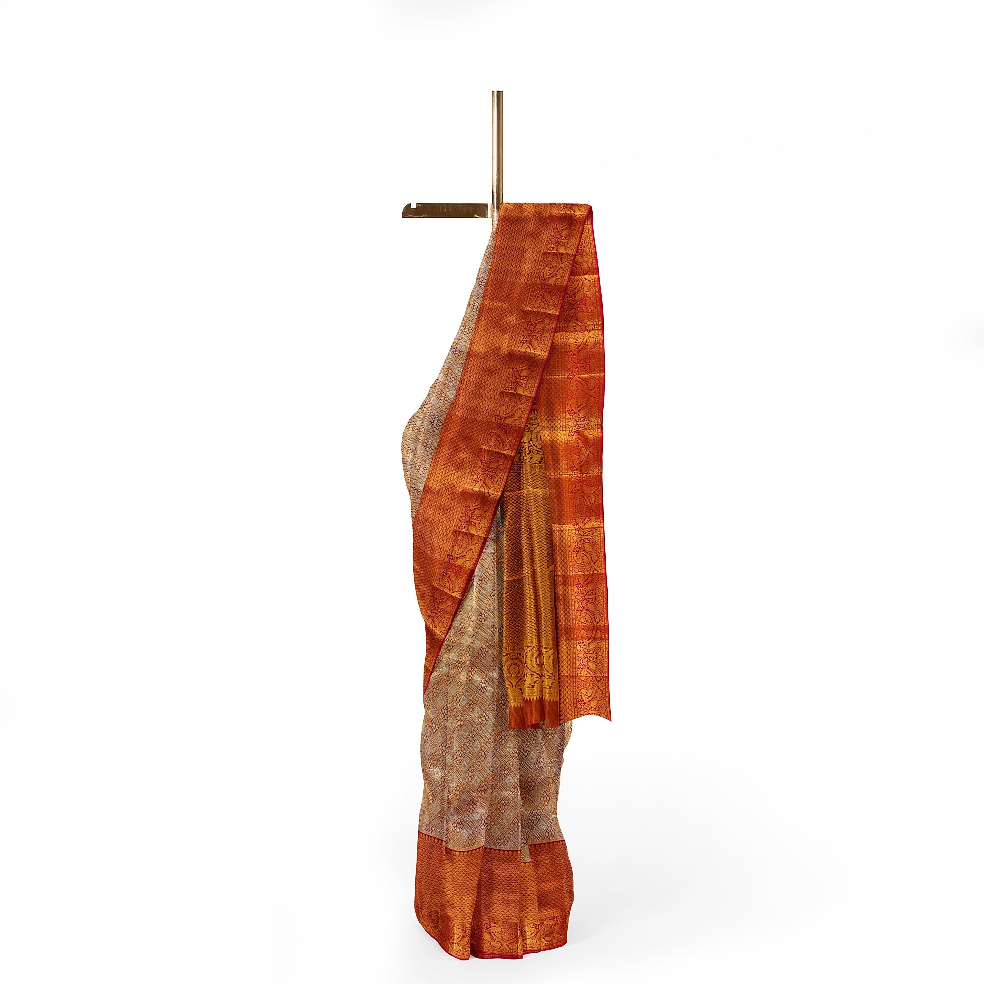 Goldish Orange Semi Tissue Silk Saree with Pink Border – Grand Look