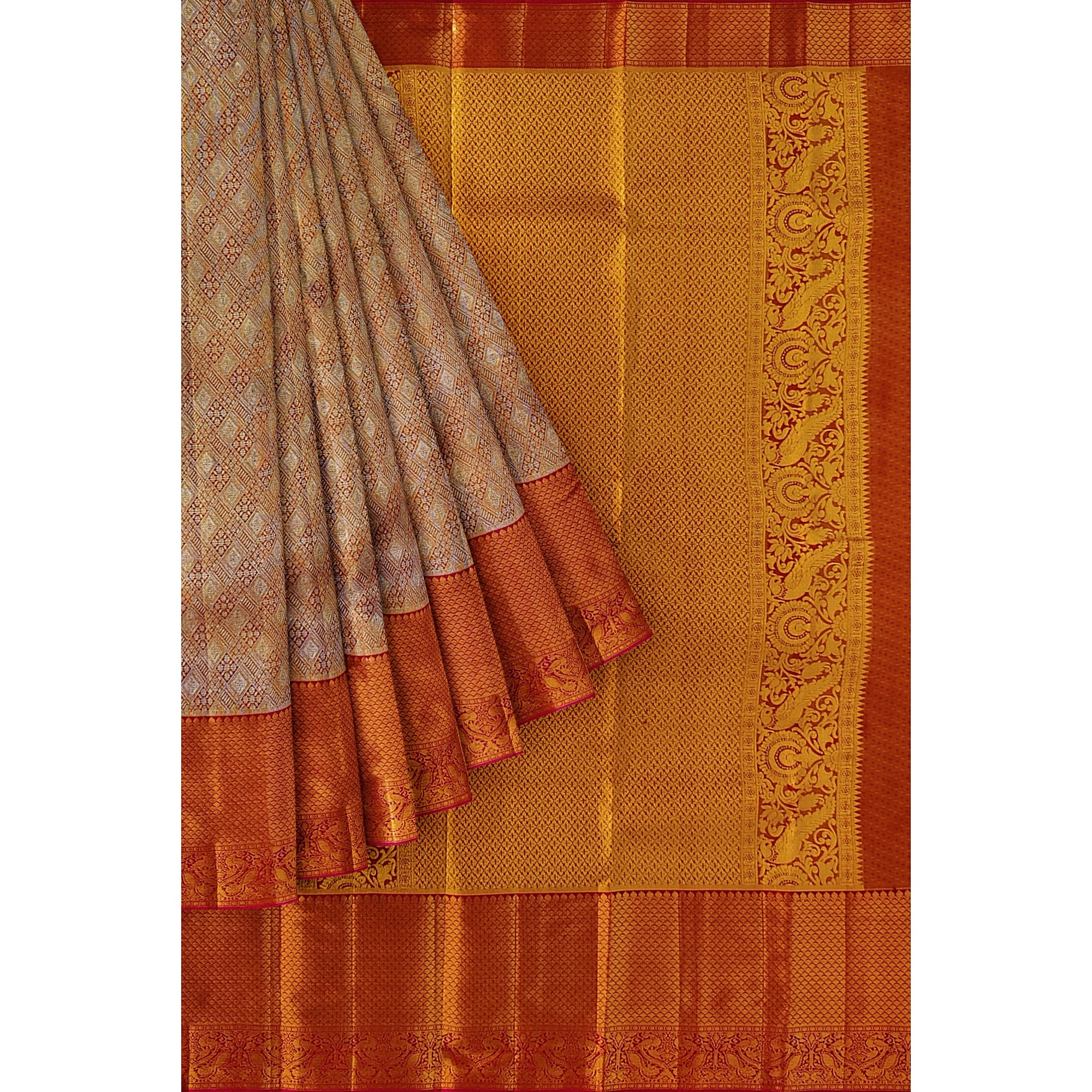 Goldish Orange Semi Tissue Silk Saree with Pink Border – Grand Look