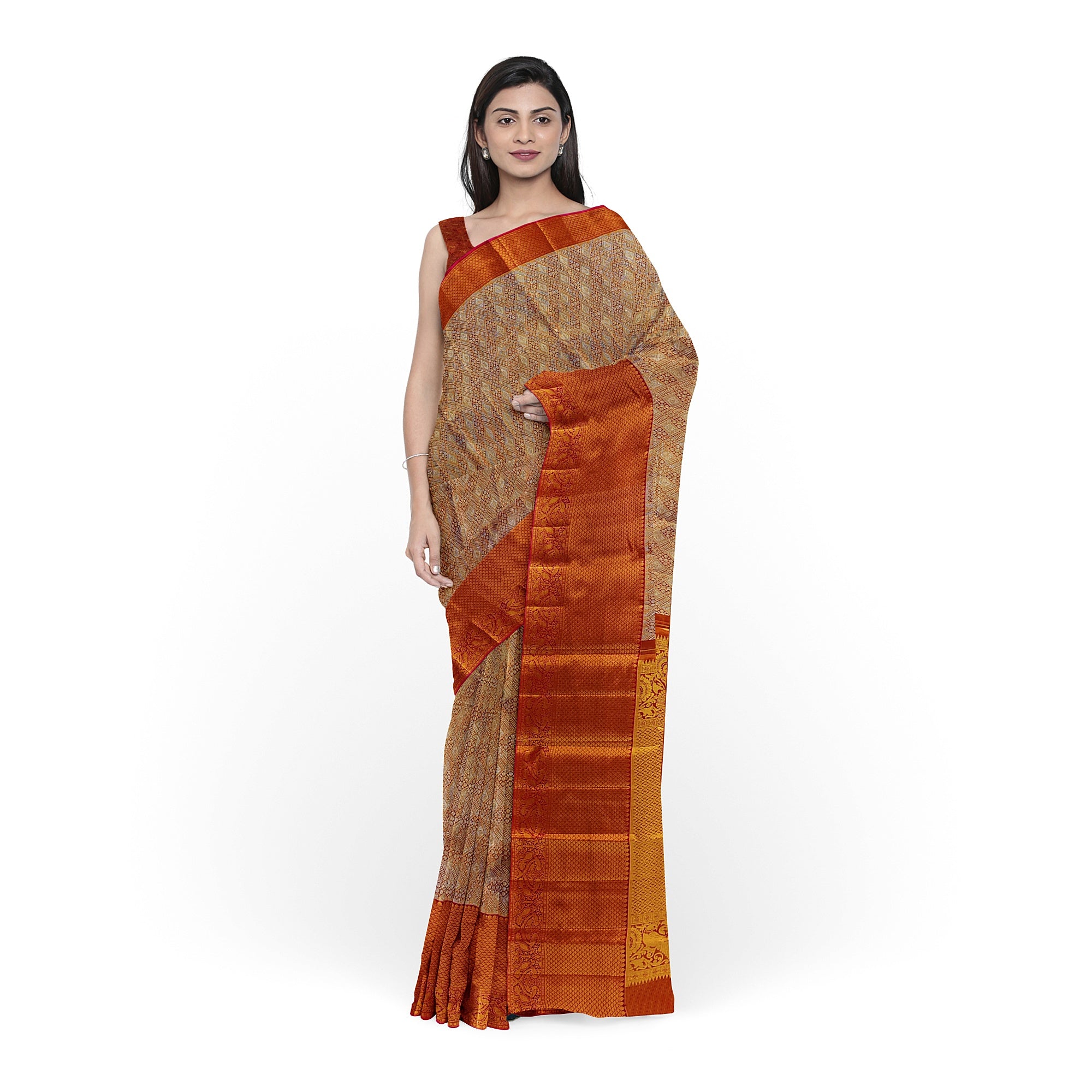 Goldish Orange Semi Tissue Silk Saree with Pink Border – Grand Look