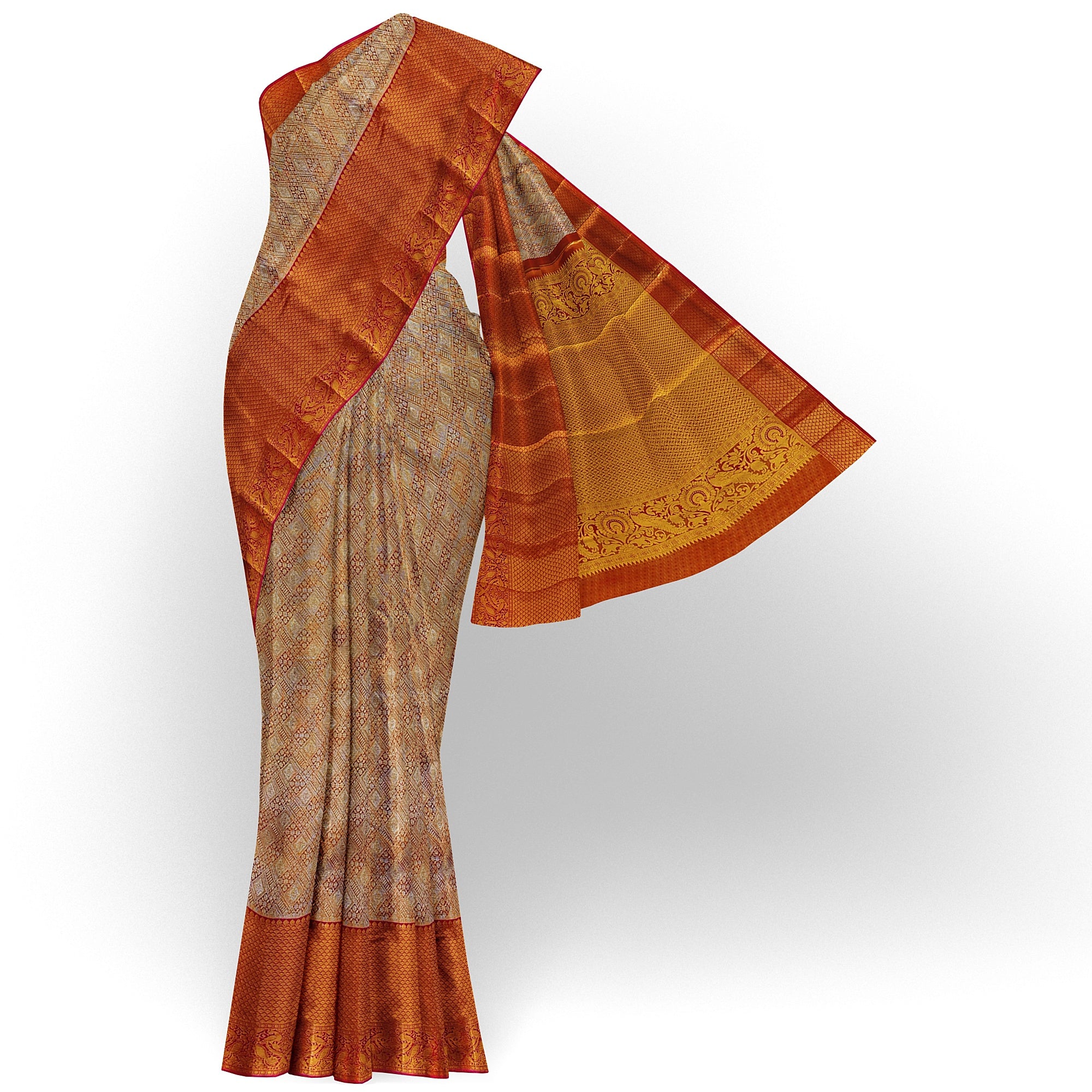 Goldish Orange Semi Tissue Silk Saree with Pink Border – Grand Look