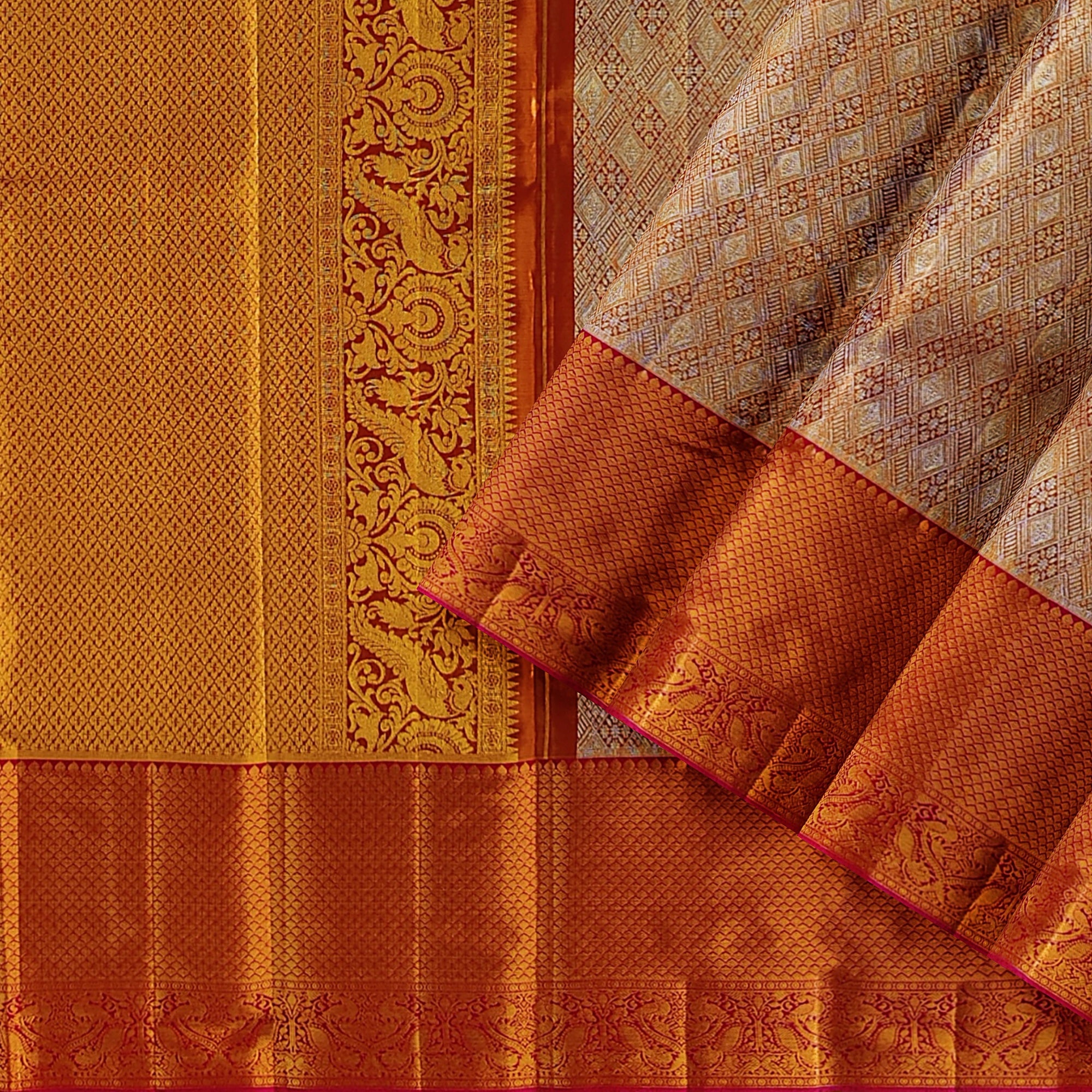 Goldish Orange Semi Tissue Silk Saree with Pink Border – Grand Look