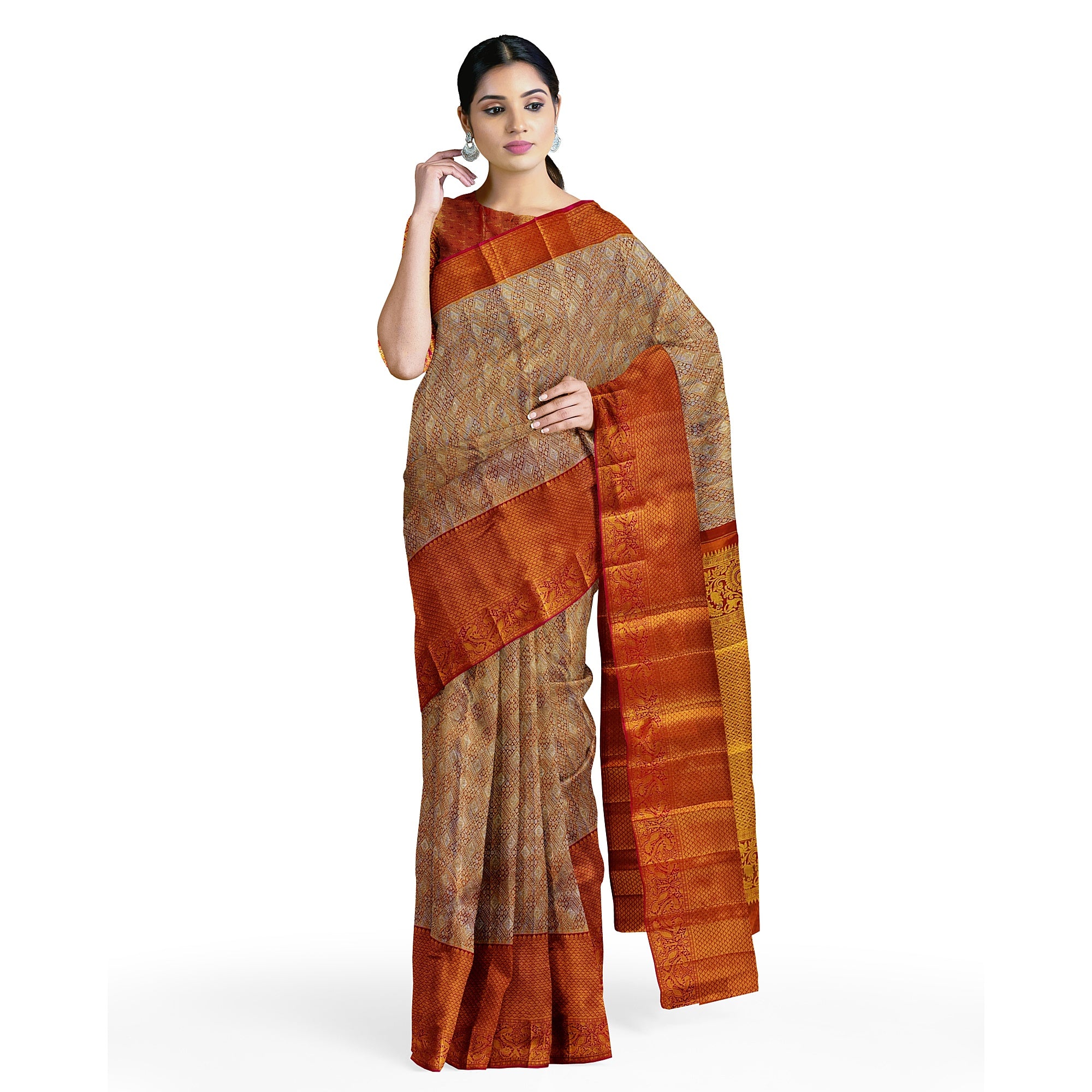 Goldish Orange Semi Tissue Silk Saree with Pink Border – Grand Look