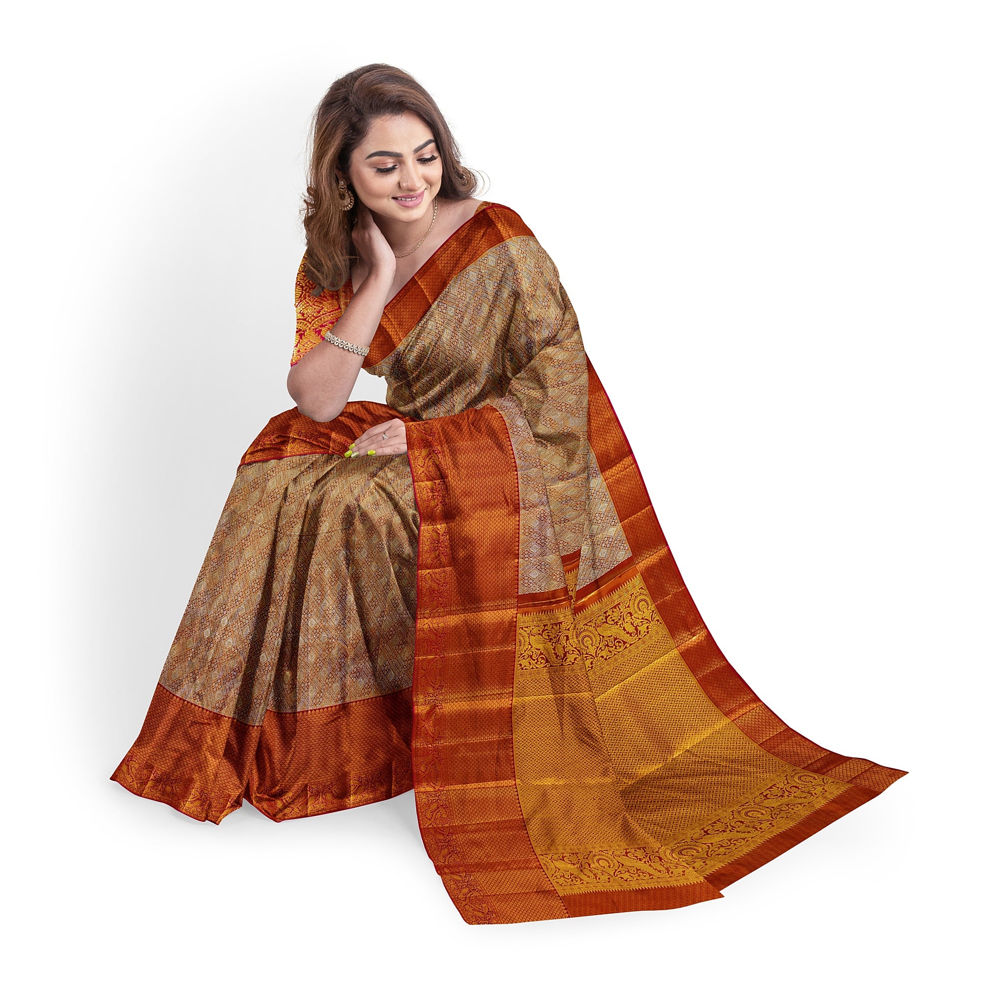 Goldish Orange Semi Tissue Silk Saree with Pink Border – Grand Look
