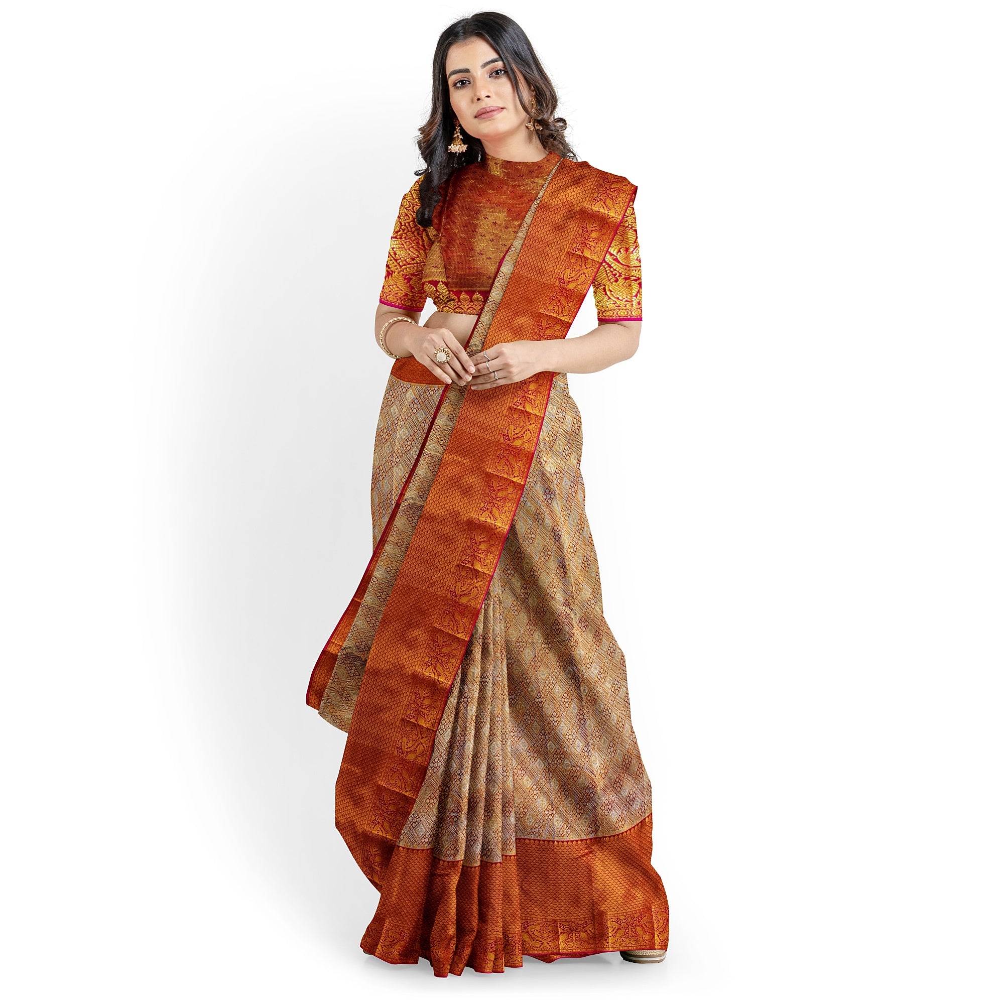 Goldish Orange Semi Tissue Silk Saree with Pink Border – Grand Look