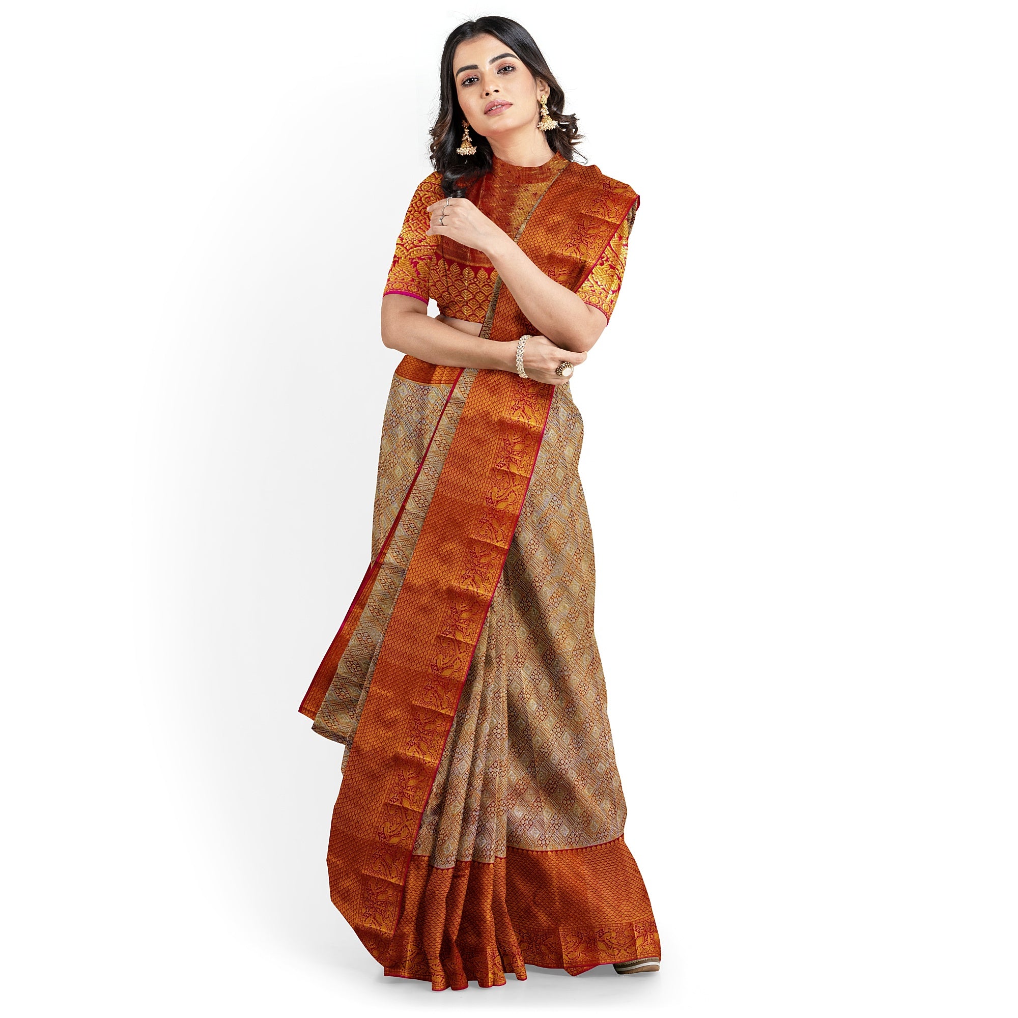 Goldish Orange Semi Tissue Silk Saree with Pink Border – Grand Look