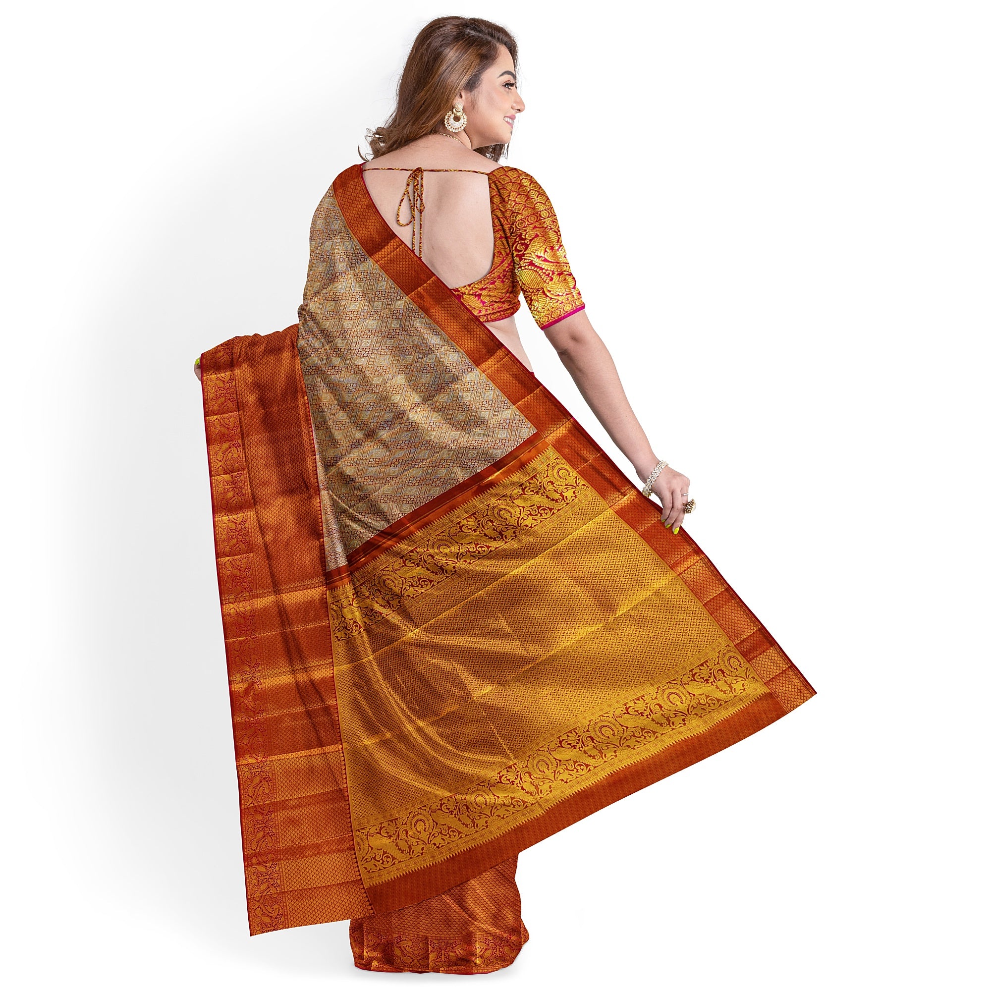 Goldish Orange Semi Tissue Silk Saree with Pink Border – Grand Look