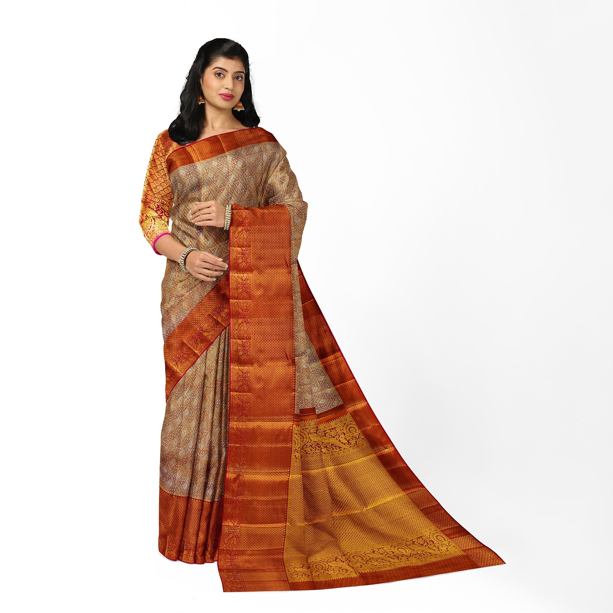 Goldish Orange Semi Tissue Silk Saree with Pink Border – Grand Look